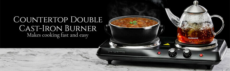 1700W Double Hot Plate Electric Countertop Cast Iron Burner, with 6 & 7 Inch Pla - Fresh Stock Dated October 2025