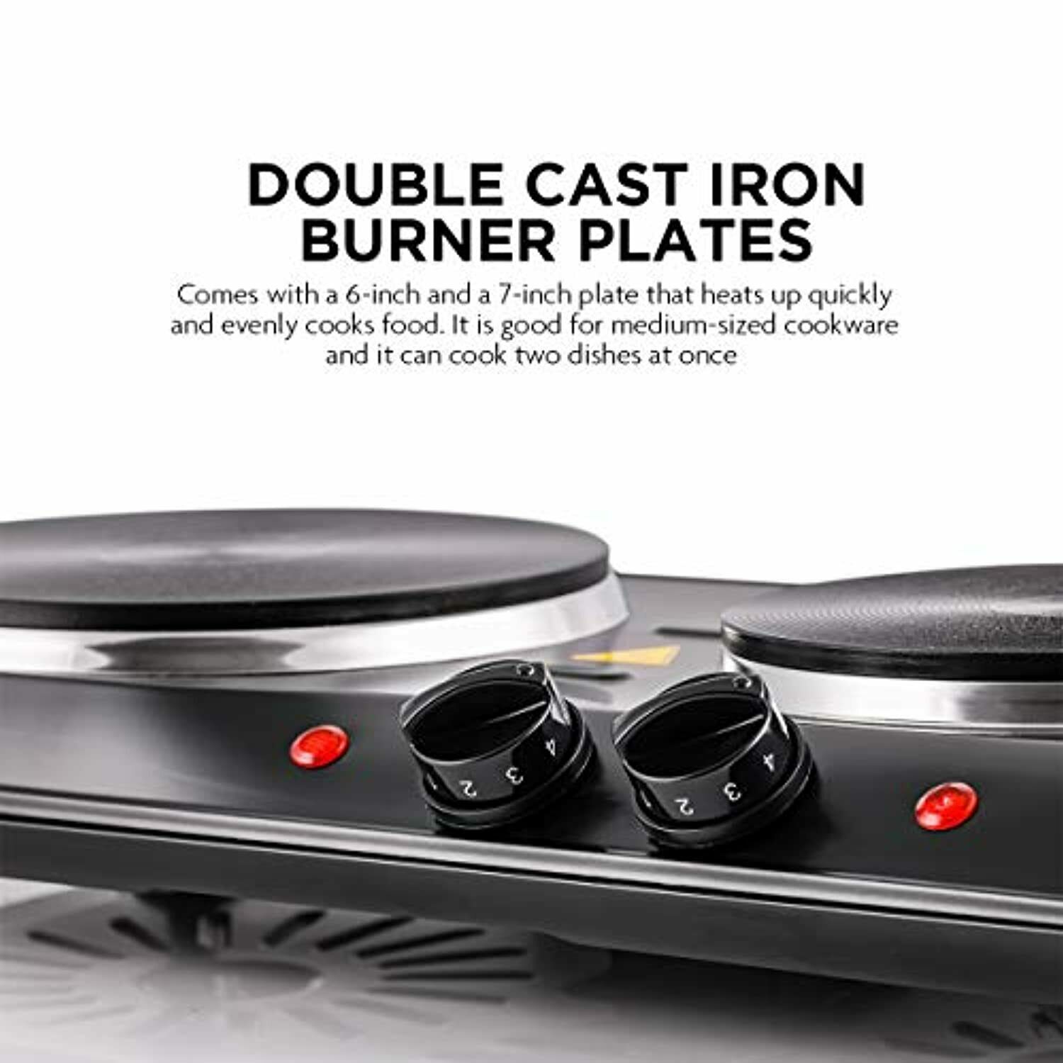 1700W Double Hot Plate Electric Countertop Cast Iron Burner, with 6 & 7 Inch Pla - Fresh Stock Dated October 2025