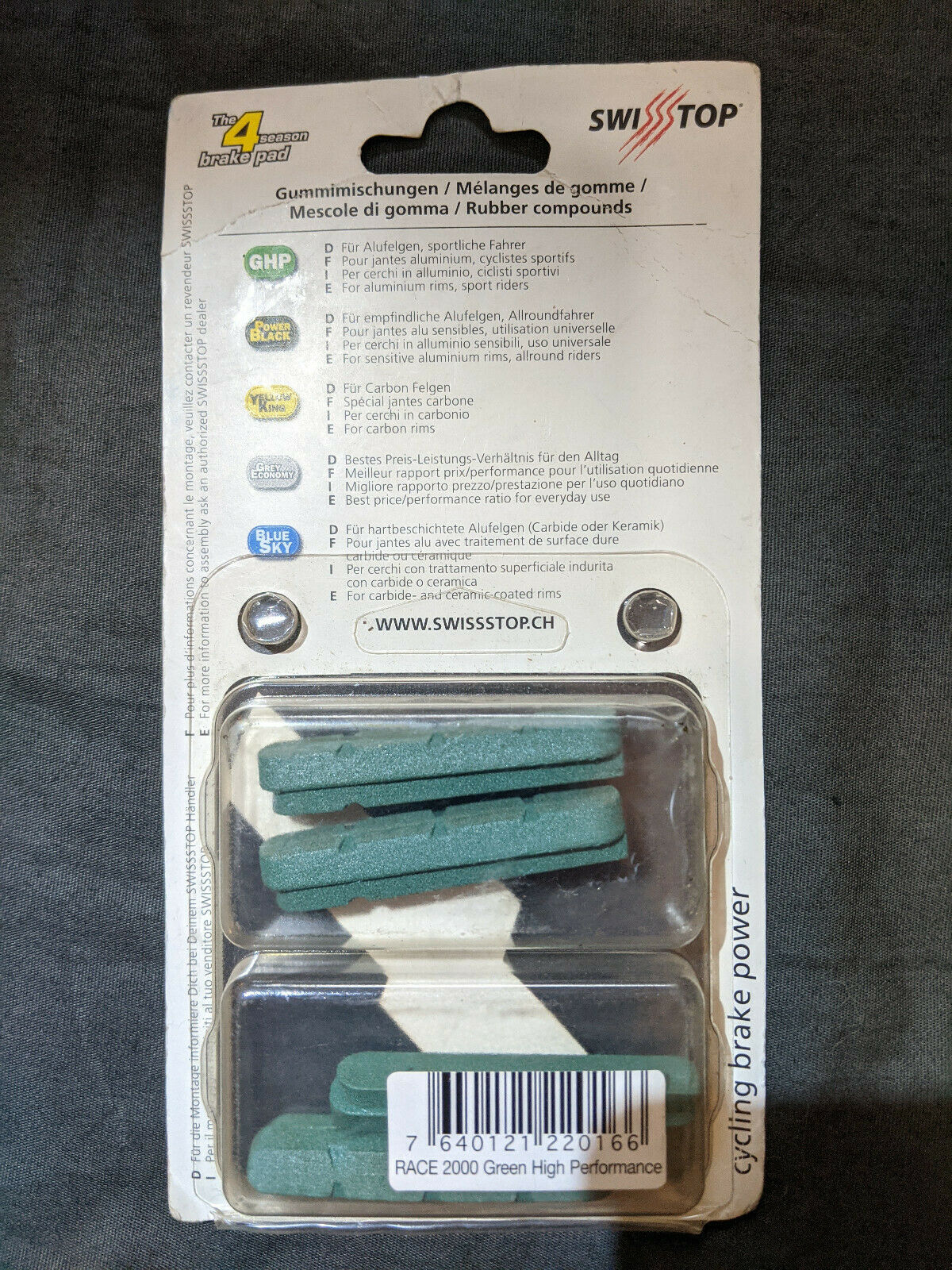 Swiss Stop Race 2000 (Campagnolo 10-spd) GHP (green) 4-season brake pads, set/4 - Fresh Stock Dated October 2025