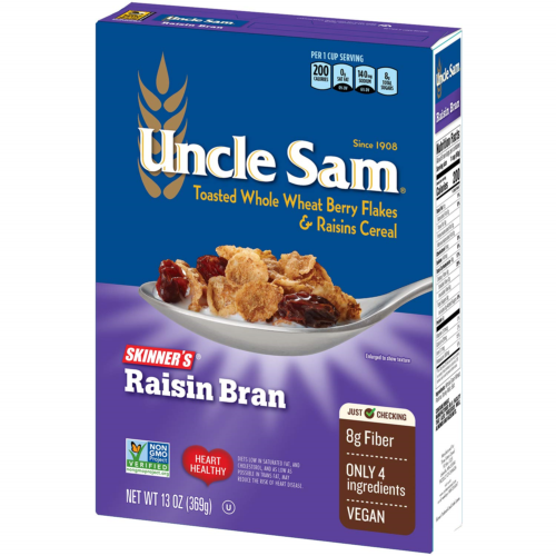 Uncle Sam Skinner's Raisin Bran Cereal, High Fiber, Whole Grain, Non-GMO Project - Fresh Stock Dated October 2025