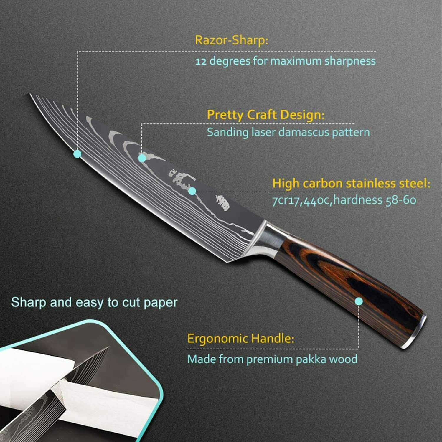Stainless 8 Pcs Professional Knives Set Damascus Chef's Style Knife Kitchen Tool - Fresh Stock Dated October 2025