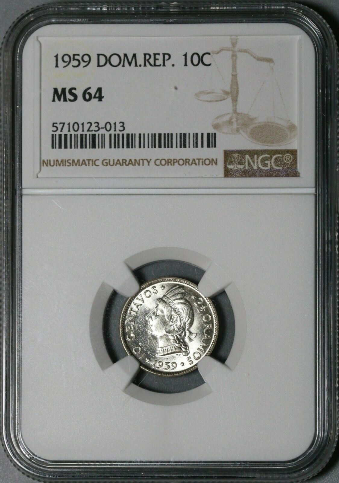 1959 NGC MS 64 Dominican Republic Silver 10 Centavos Scarce Coin (21031801C) - Fresh Stock Dated October 2025