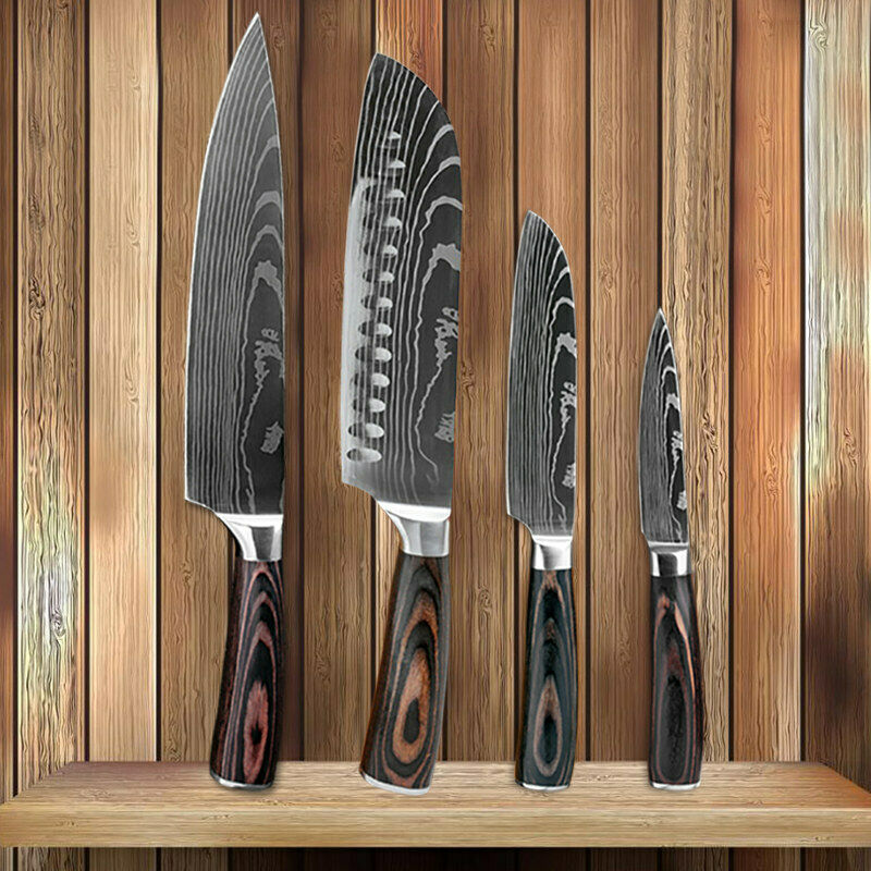 4Pcs Kitchen Knife Set Damascus Pattern Stainless Steel Professional Chef Knives - Fresh Stock Dated October 2025