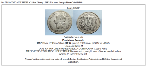 1937 DOMINICAN REPUBLIC Silver Liberty LIBERTO Arms Antique Silver Coin i69899 - Fresh Stock Dated October 2025