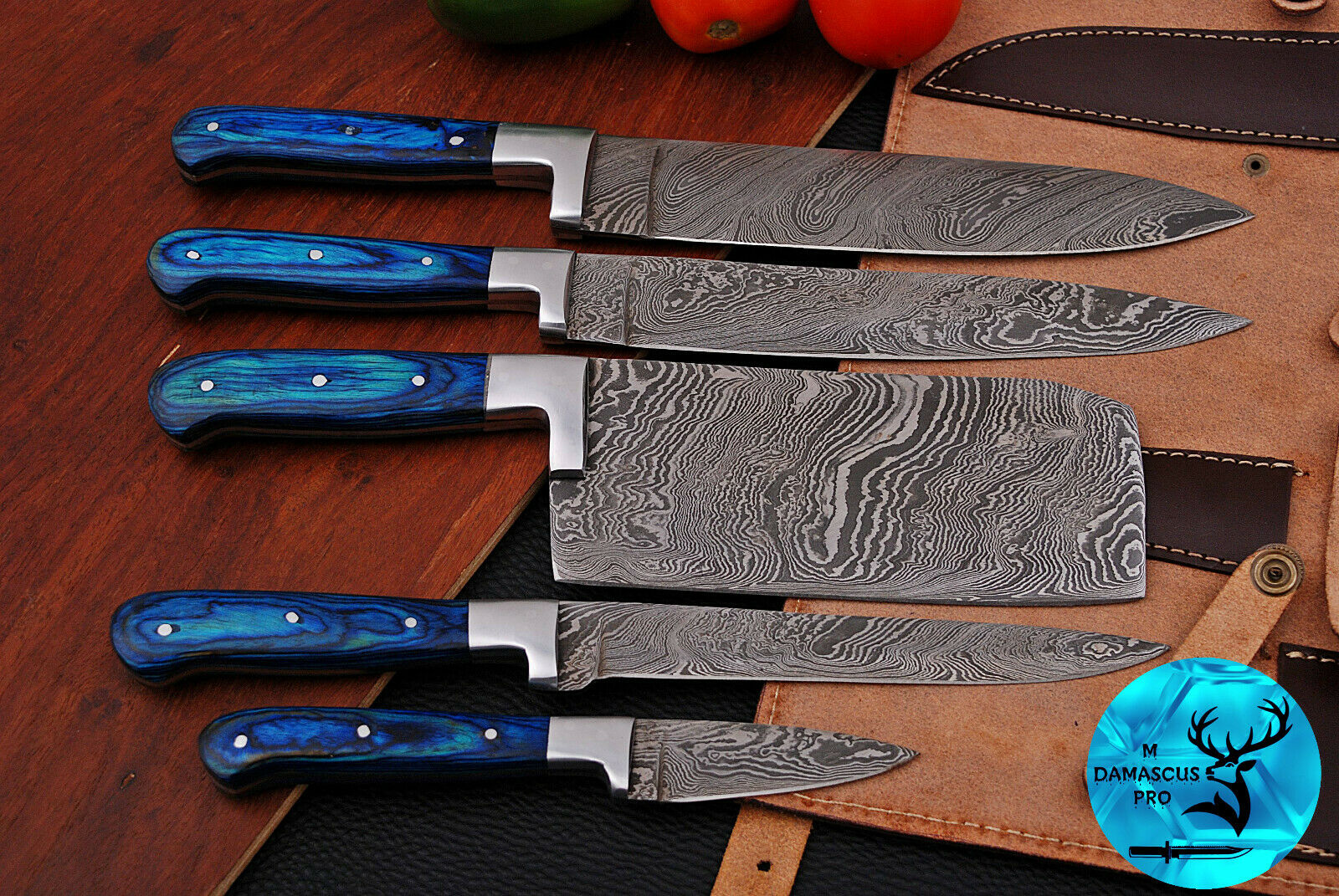 DAMASCUS STEEL CHEF KITCHEN KNIFE SET WITH WOOD & STEEL GUARD HANDLE - AJ 1575 - Fresh Stock Dated October 2025