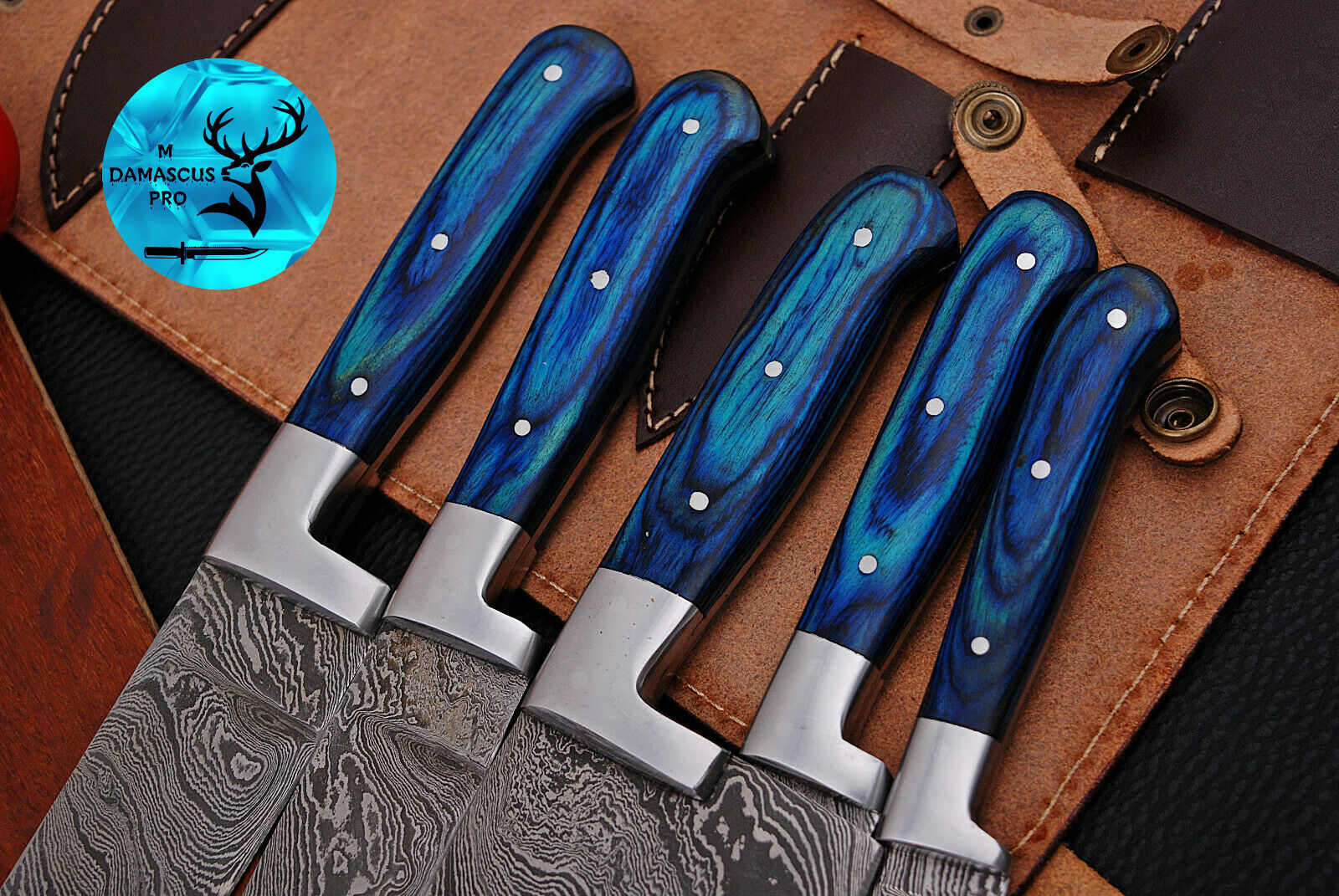 DAMASCUS STEEL CHEF KITCHEN KNIFE SET WITH WOOD & STEEL GUARD HANDLE - AJ 1575 - Fresh Stock Dated October 2025