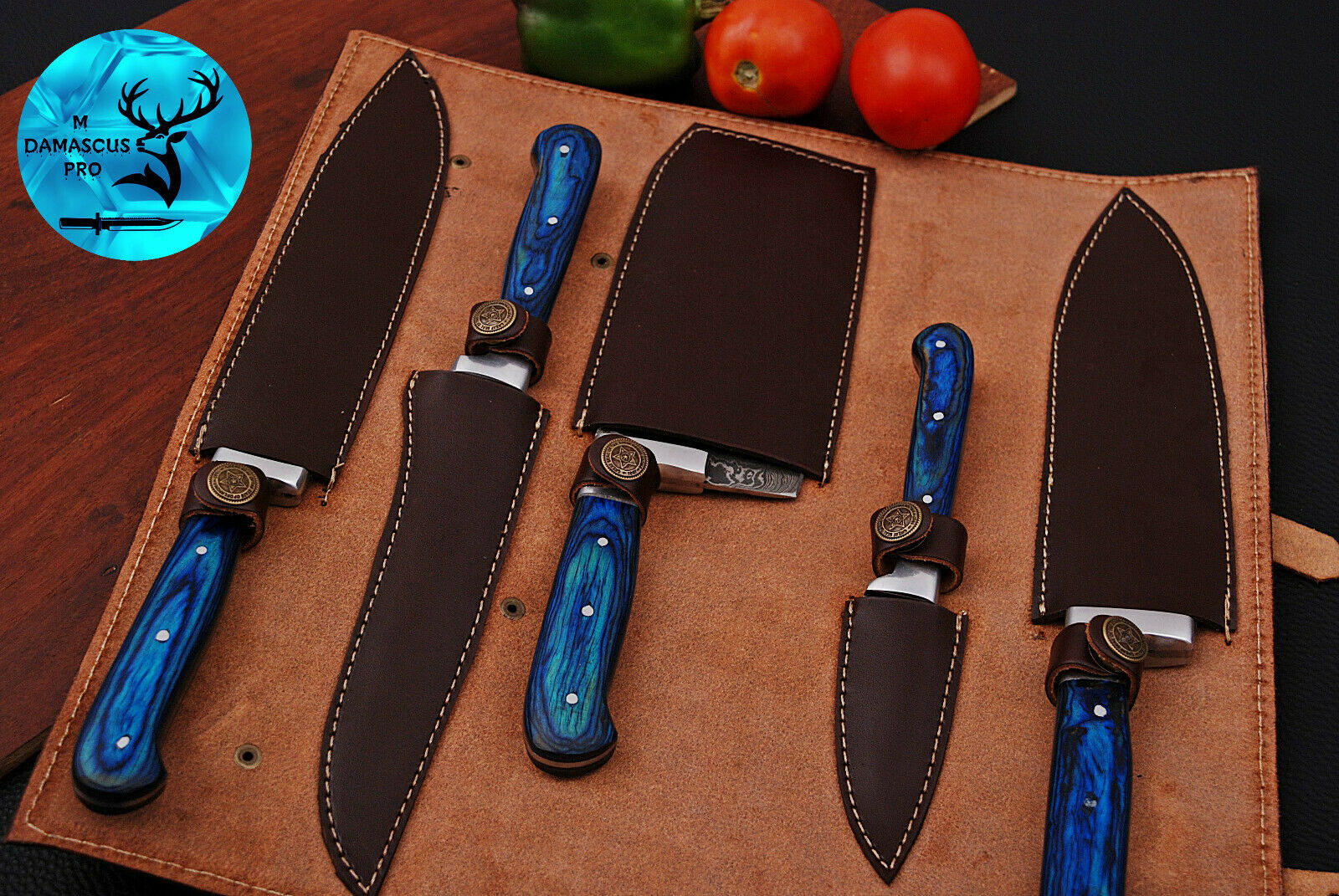 DAMASCUS STEEL CHEF KITCHEN KNIFE SET WITH WOOD & STEEL GUARD HANDLE - AJ 1575 - Fresh Stock Dated October 2025
