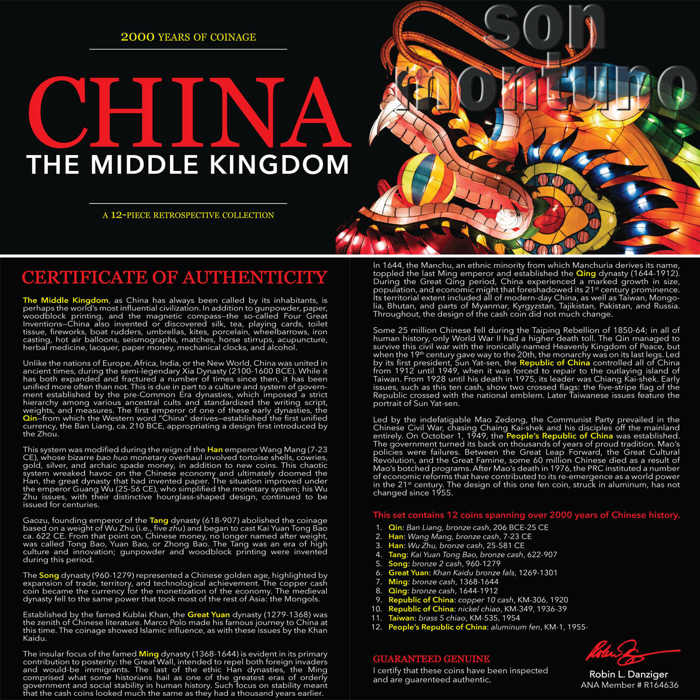 CHINA - The Middle Kingdom - Retrospective Set of 12 Coins in Wood Box with COA - Fresh Stock Dated October 2025