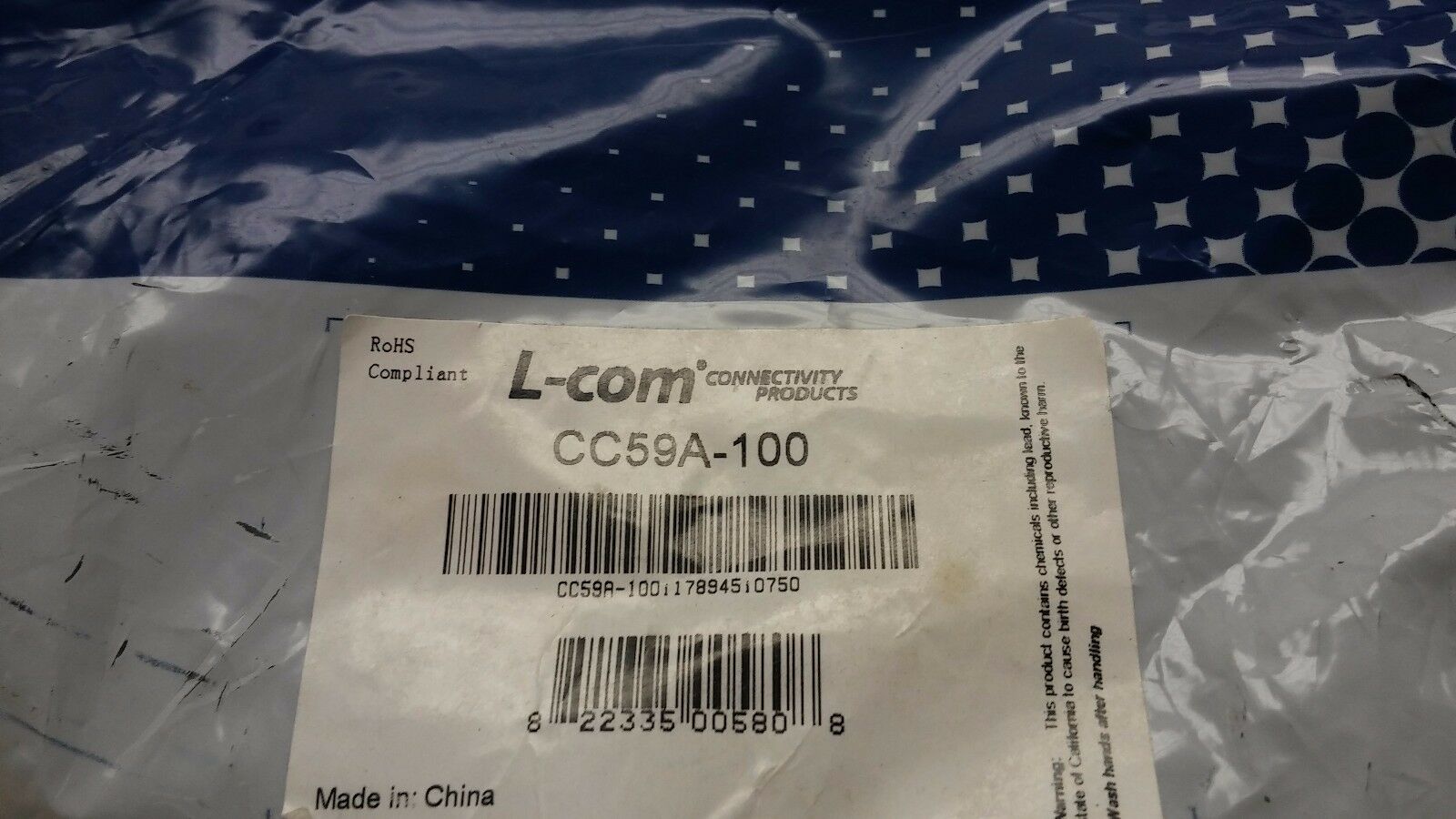 L-COM CC59A-100 BNC Male Male 100 ft RG59A Coaxial Cable - Fresh Stock Dated October 2025