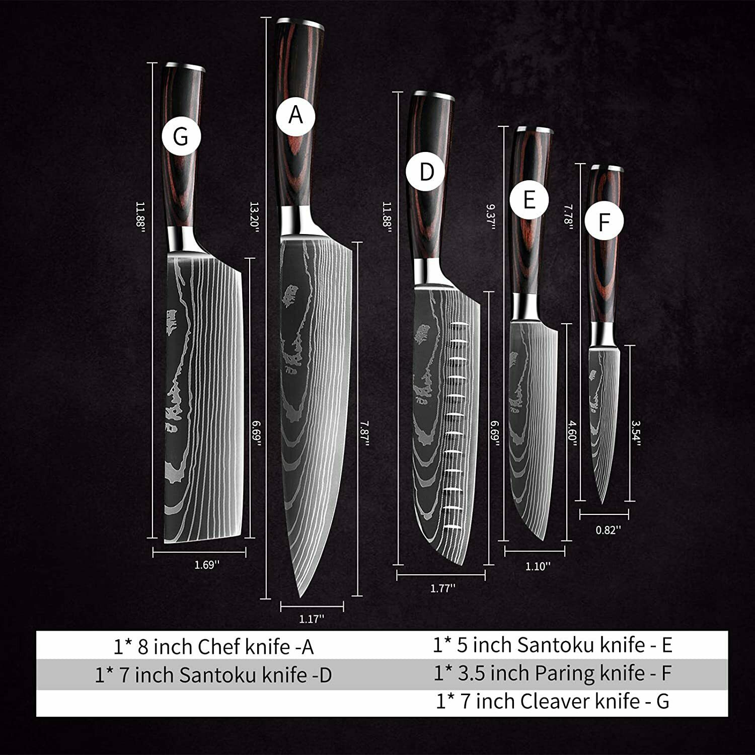 5 Piece Kitchen Knives Set Japanese Damascus Pattern Stainless Steel Chef Knife - Fresh Stock Dated October 2025