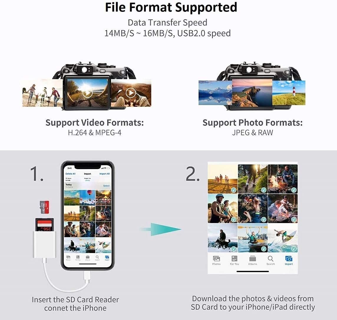 TF/SD Card Adapter Camera Reader for iPad iPhone6 7 8 Plus 13 14 15 Pro X Xs LOT - Fresh Stock Dated October 2025