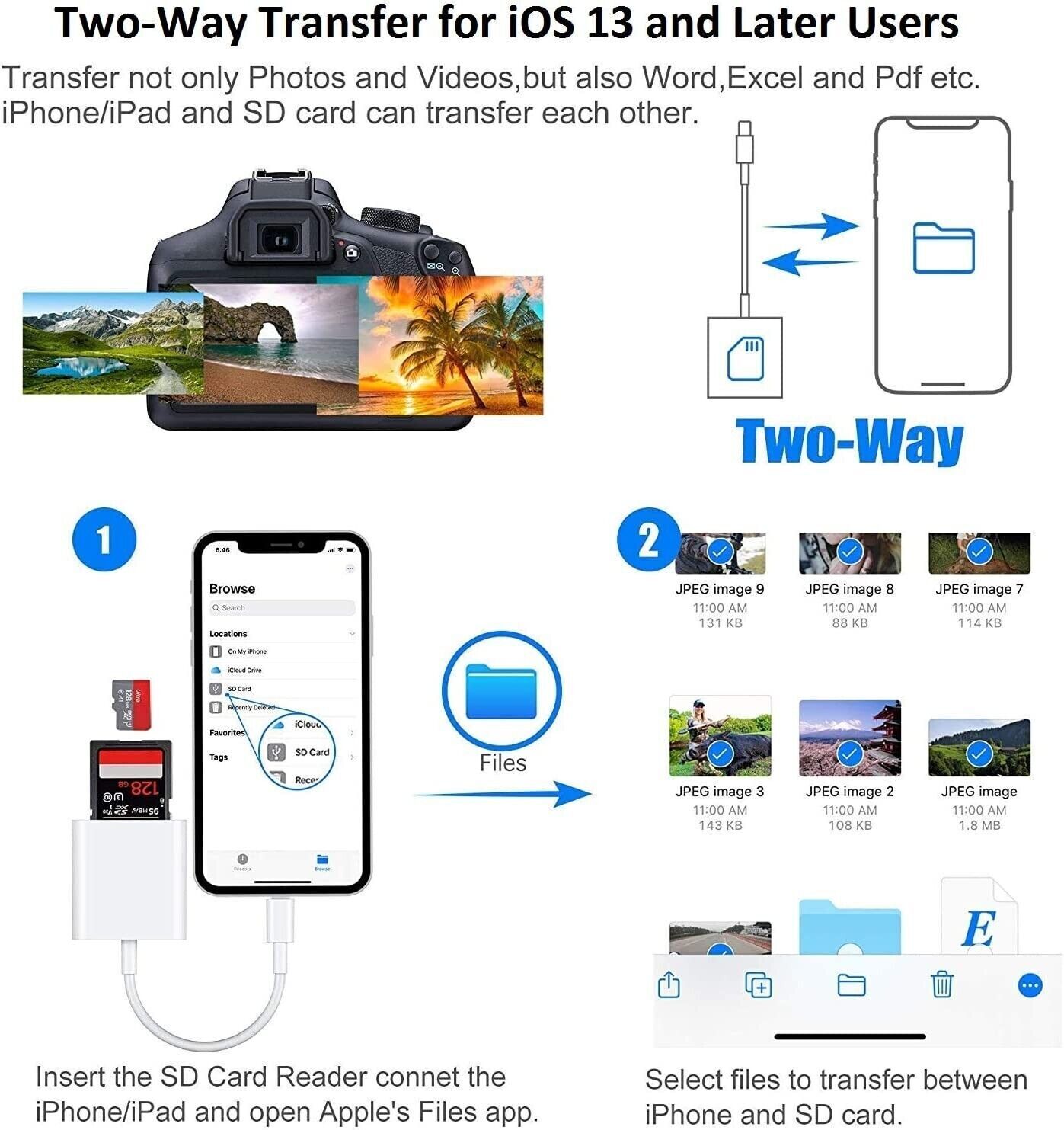 TF/SD Card Adapter Camera Reader for iPad iPhone6 7 8 Plus 13 14 15 Pro X Xs LOT - Fresh Stock Dated October 2025