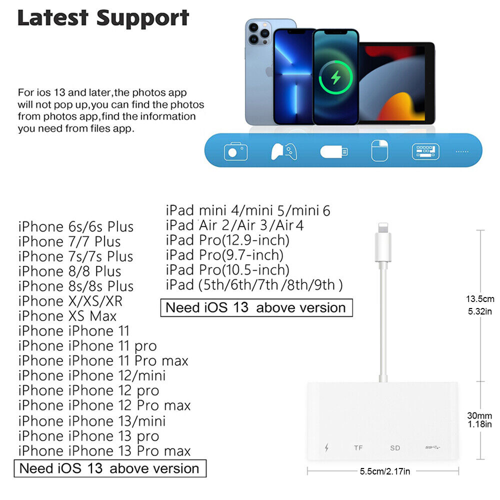 Portable 4 in 1 USB Camera SD TF Card Reader Adapter For iPhone iPod iPad IOS 13 - Fresh Stock Dated October 2025