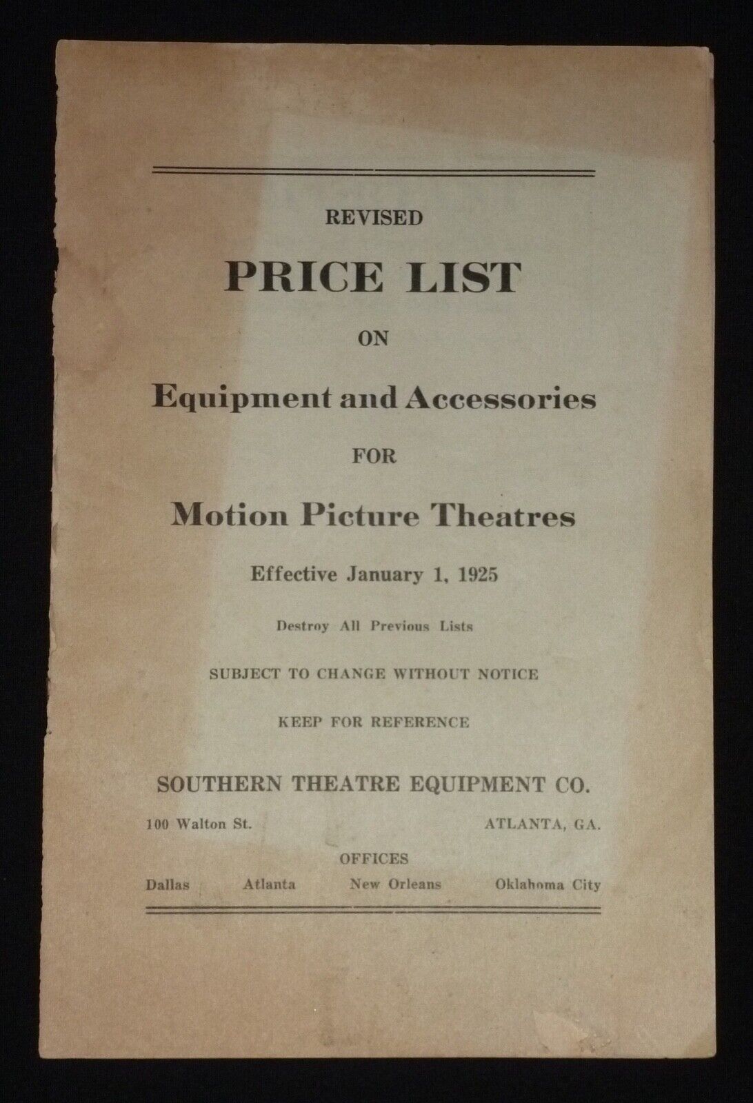 1925 Motion Picture Theatres Equipment & Accessories Price List - Atlanta, Ga. - Fresh Stock Dated October 2025