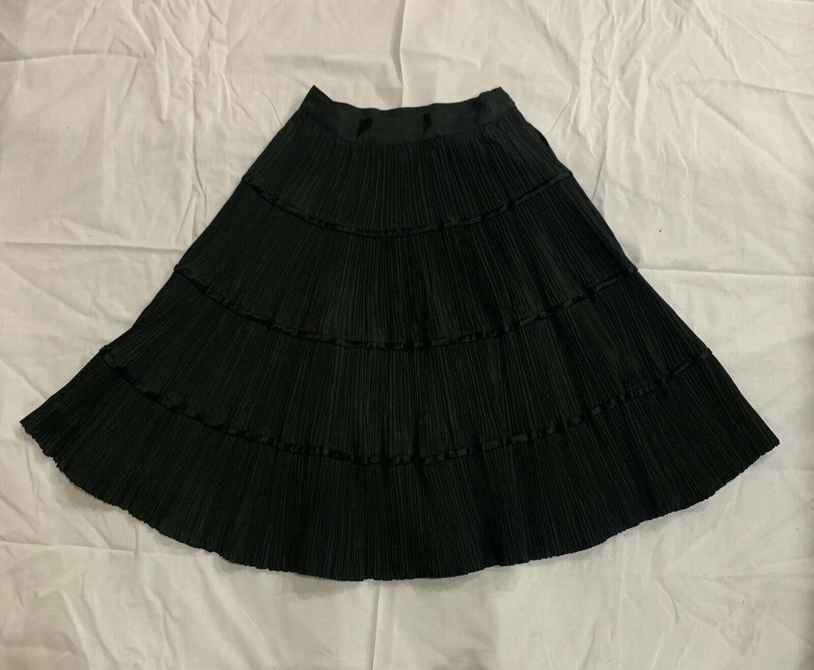 Vintage MORLOVE 1950s Black Accordian Pleat Tiered Circle Skirt w/ Satin Ribbons - Fresh Stock Dated October 2025