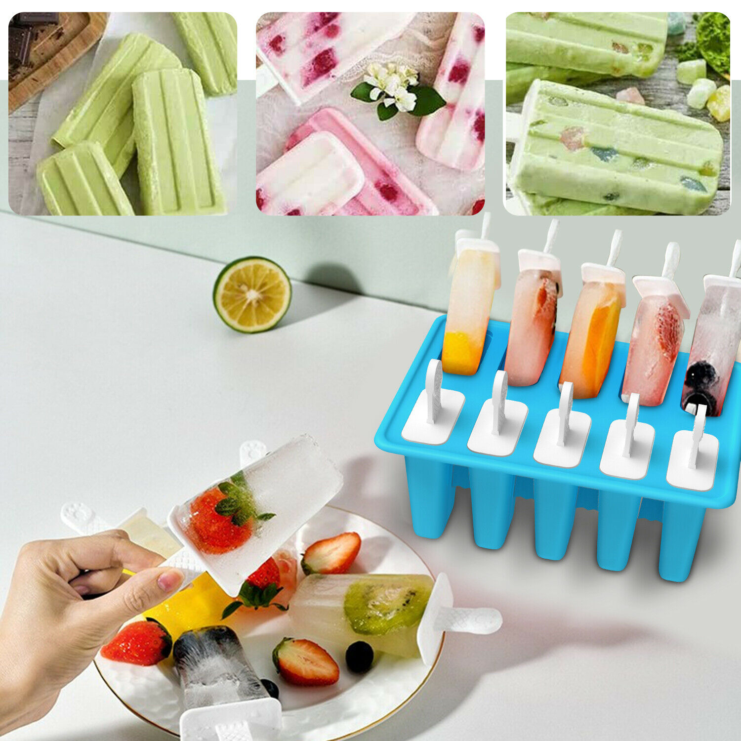 10 Cell Ice Cream Popsicle Frozen Mold Silicone Pop Maker/6 Cell Ice Cube Moulds - Fresh Stock Dated October 2025