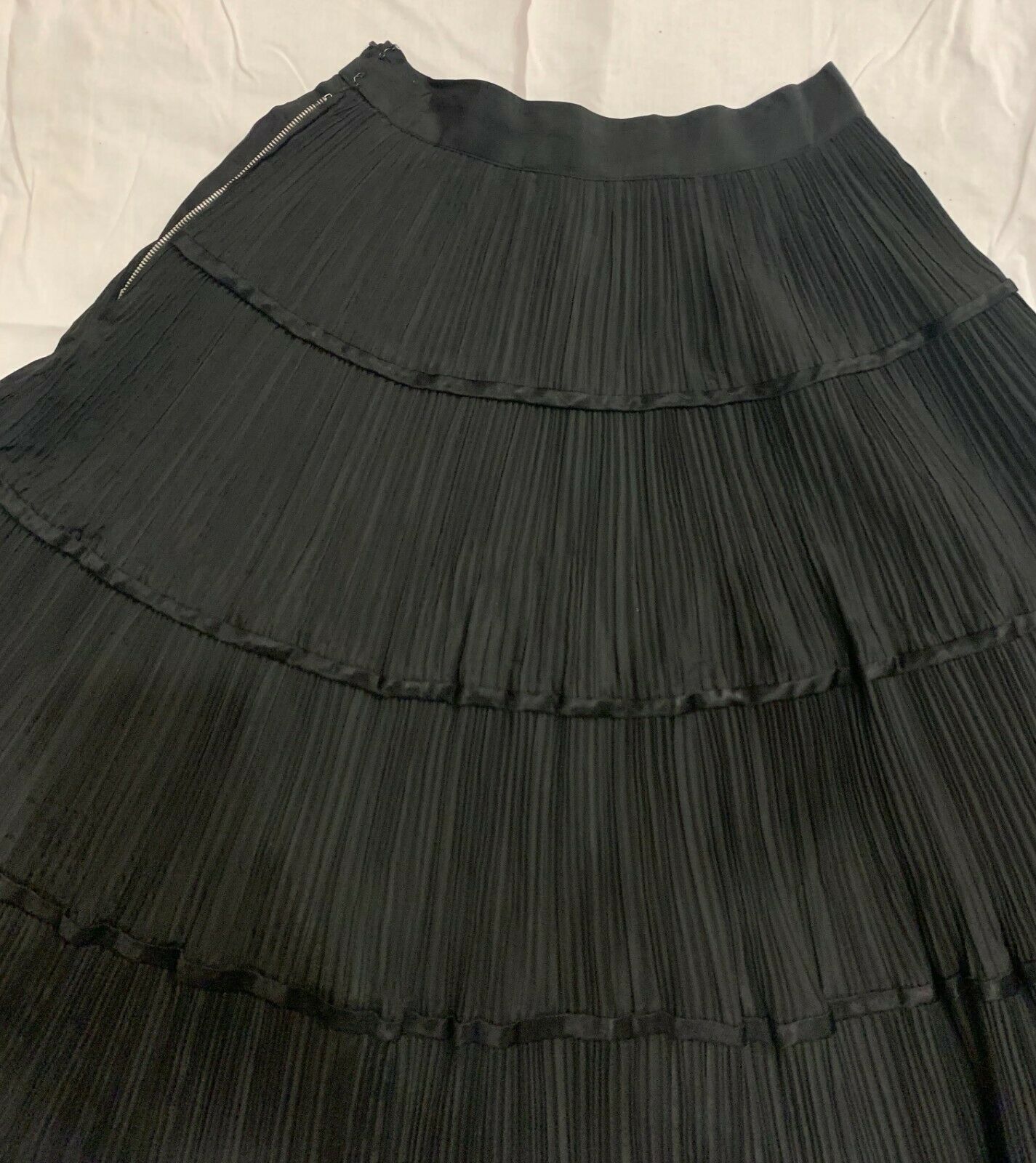Vintage MORLOVE 1950s Black Accordian Pleat Tiered Circle Skirt w/ Satin Ribbons - Fresh Stock Dated October 2025