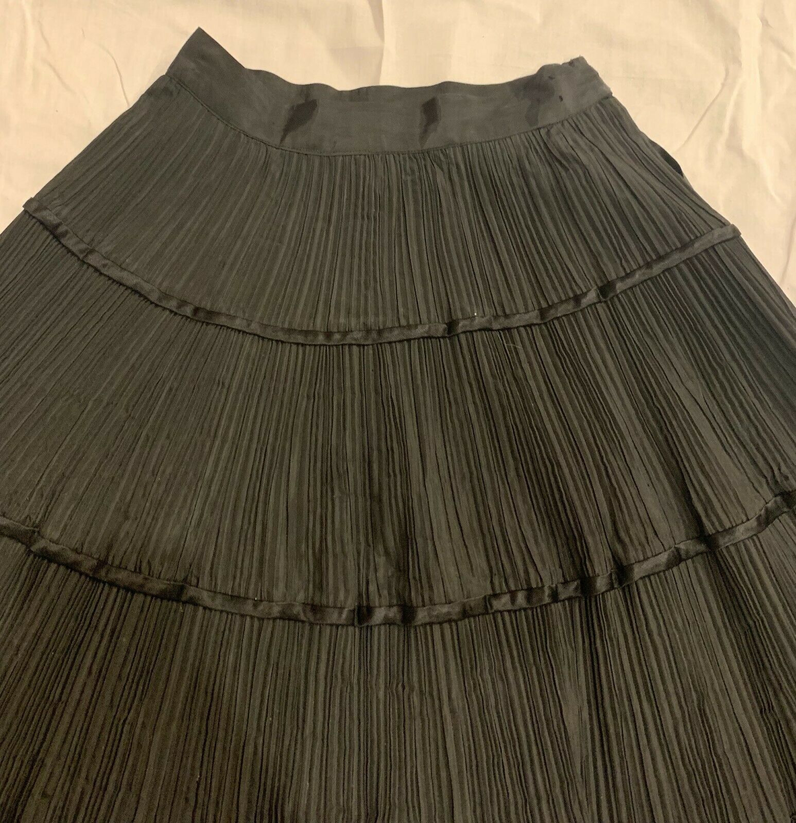 Vintage MORLOVE 1950s Black Accordian Pleat Tiered Circle Skirt w/ Satin Ribbons - Fresh Stock Dated October 2025