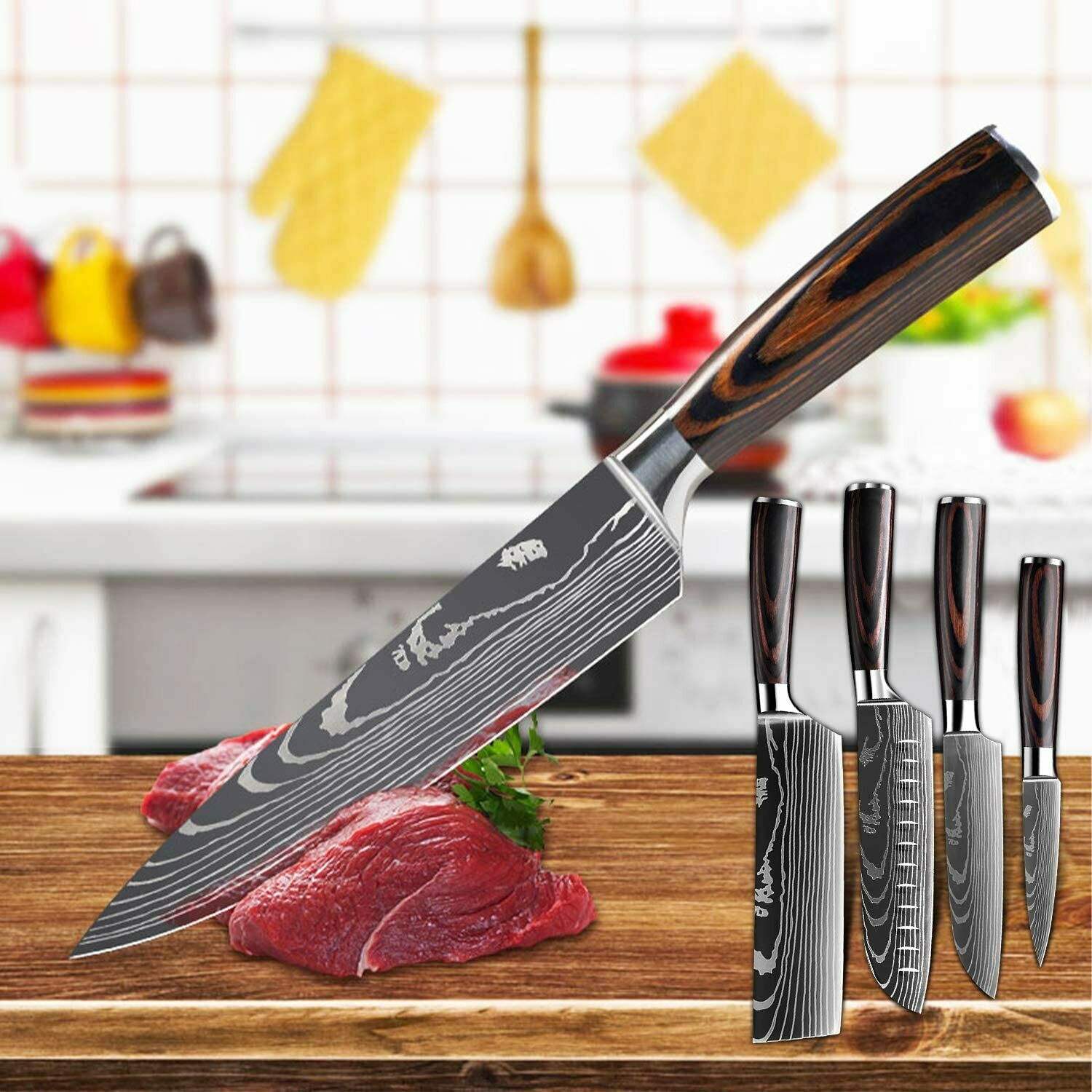 5 Piece Kitchen Knives Set Japanese Damascus Pattern Stainless Steel Chef Knife - Fresh Stock Dated October 2025