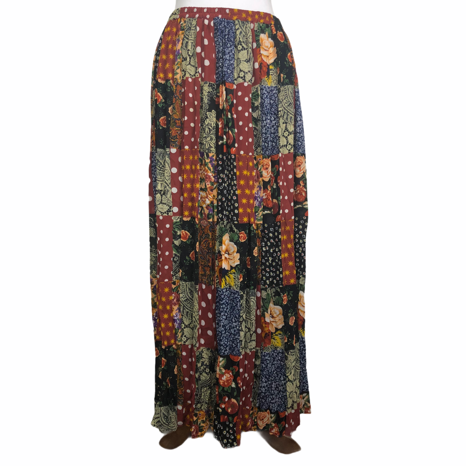 Vtg Express Skirt 90s Boho Patchwork Style Semi-Sheer Multicolor Elastic Waist L - Fresh Stock Dated October 2025