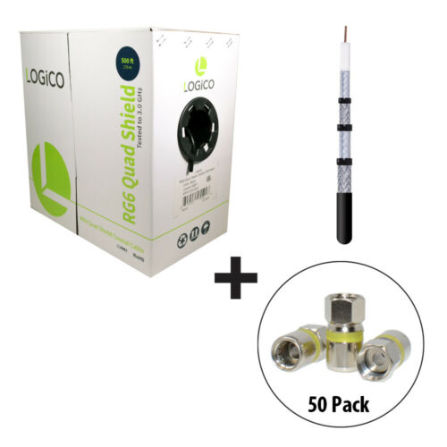 RG6 Quad Shield Coaxial Cable 500FT Black + 50 F-Type Compression Connectors Kit - Fresh Stock Dated October 2025