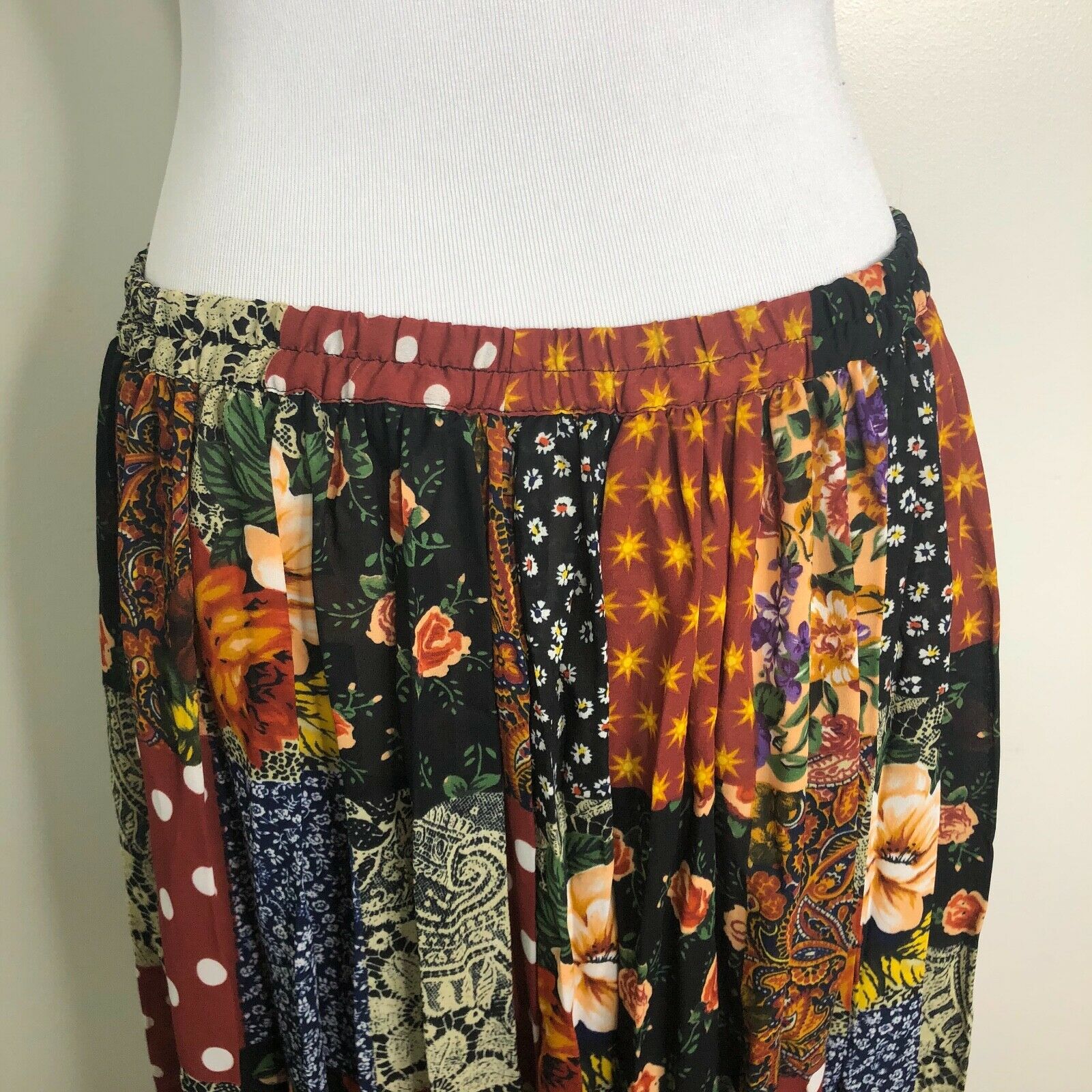 Vtg Express Skirt 90s Boho Patchwork Style Semi-Sheer Multicolor Elastic Waist L - Fresh Stock Dated October 2025