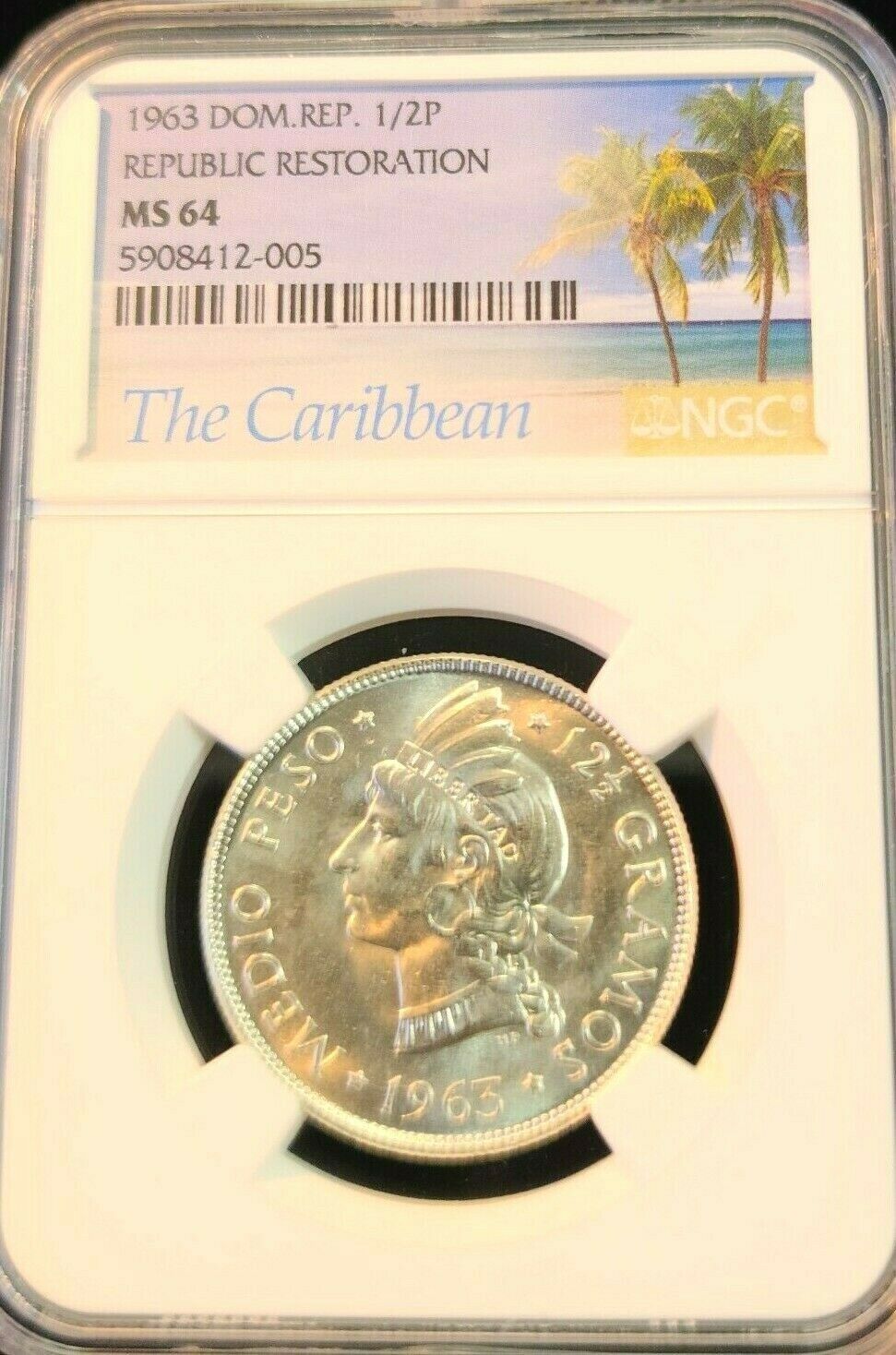 1963 DOMINICAN REPUBLIC SILVER 1/2 PESO REPUBLIC RESTORATION NGC MS 64 BRIGHT BU - Fresh Stock Dated October 2025