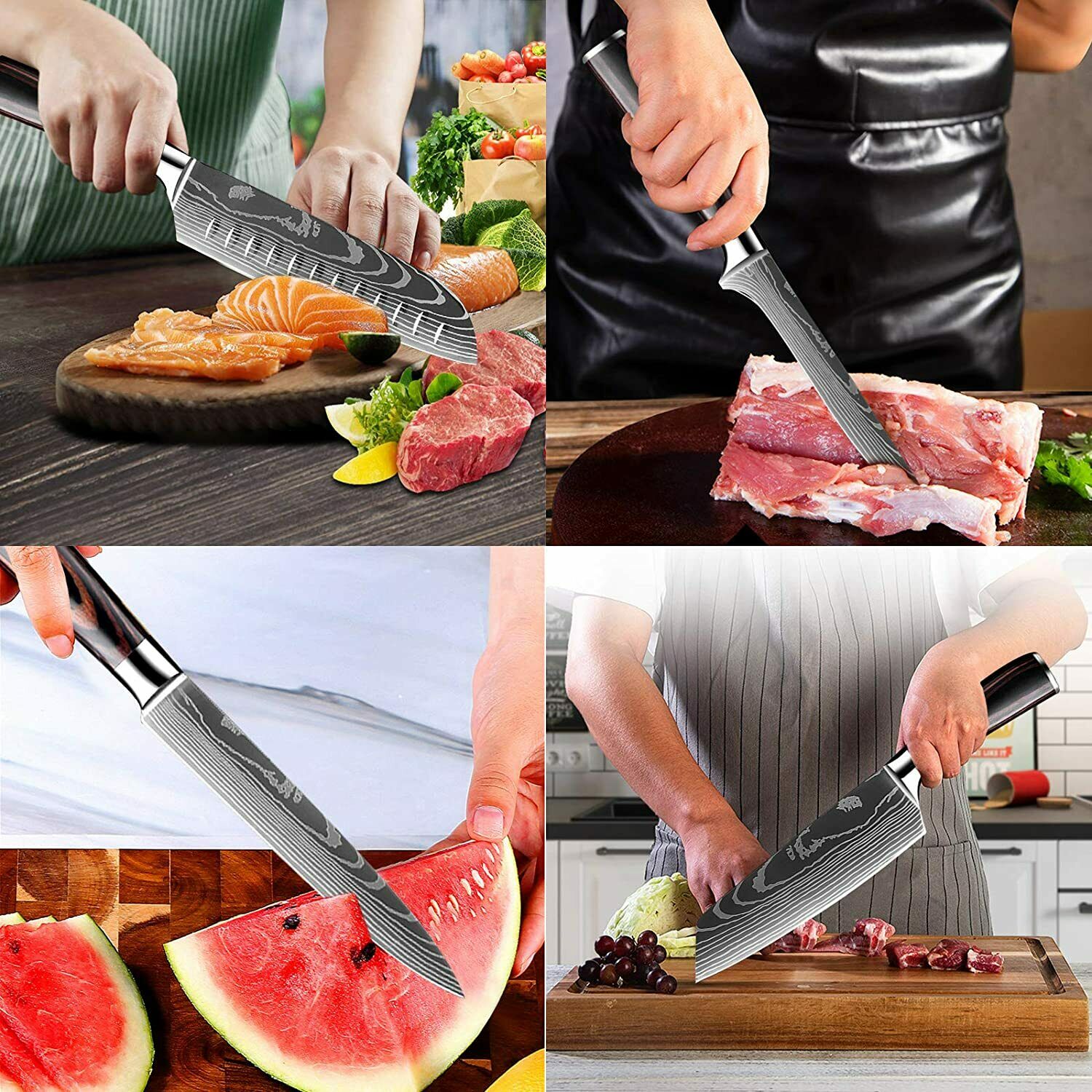 Damascus Pattern Chef's Knife Set Japanese Kitchen Knives Cleaver Slicing Tool - Fresh Stock Dated October 2025