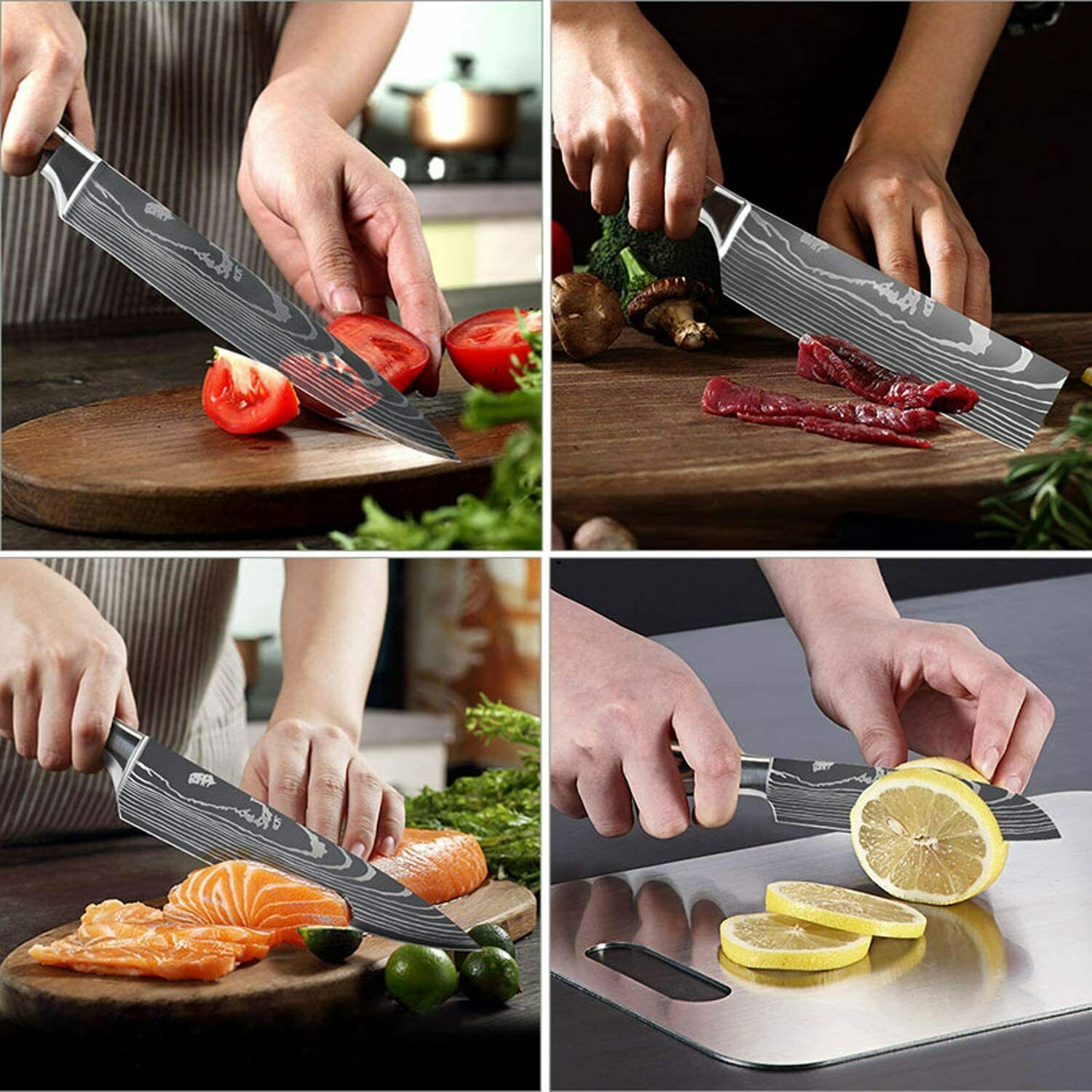 Damascus Pattern Chef's Knife Set Japanese Kitchen Knives Cleaver Slicing Tool - Fresh Stock Dated October 2025