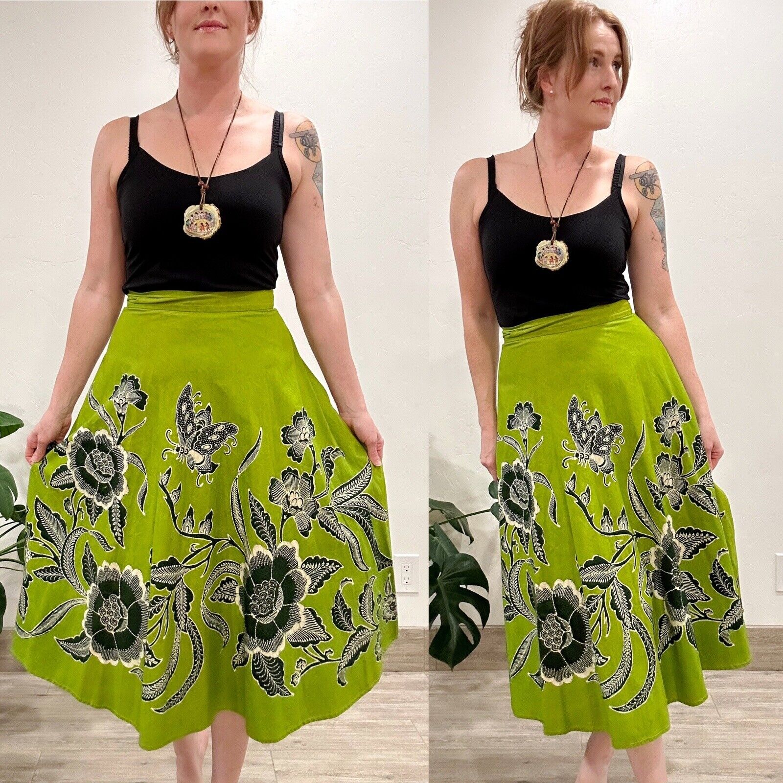 VTG 60S 70S GENUINE BATIK GREEN COTTON WRAP SKIRT BUTTERFLIES FLORALS OS XS-L - Fresh Stock Dated October 2025