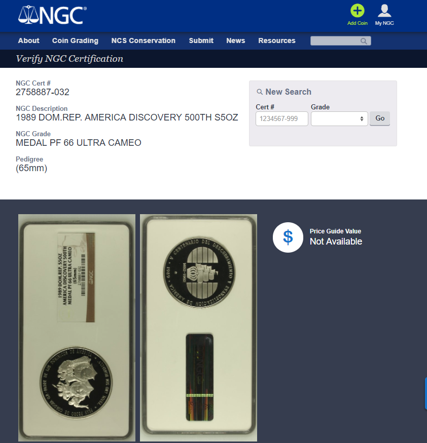 1989 Dominican Republic Silver 5oz America Discovery 500th Medal NGC PF66UC - Fresh Stock Dated October 2025