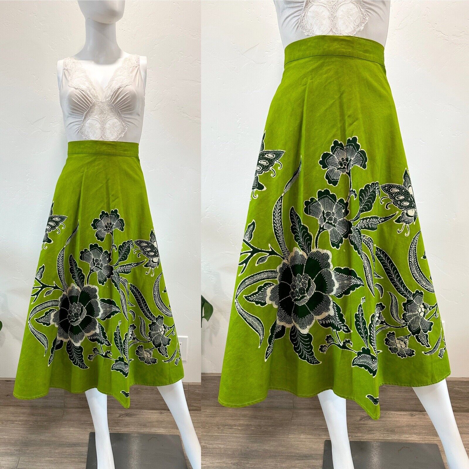 VTG 60S 70S GENUINE BATIK GREEN COTTON WRAP SKIRT BUTTERFLIES FLORALS OS XS-L - Fresh Stock Dated October 2025