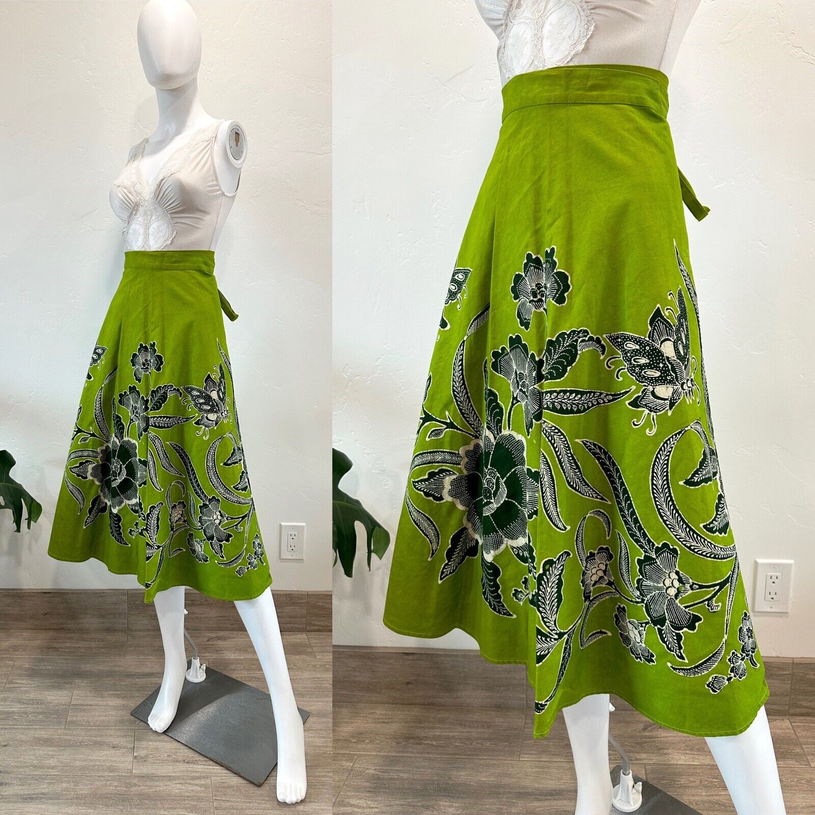 VTG 60S 70S GENUINE BATIK GREEN COTTON WRAP SKIRT BUTTERFLIES FLORALS OS XS-L - Fresh Stock Dated October 2025