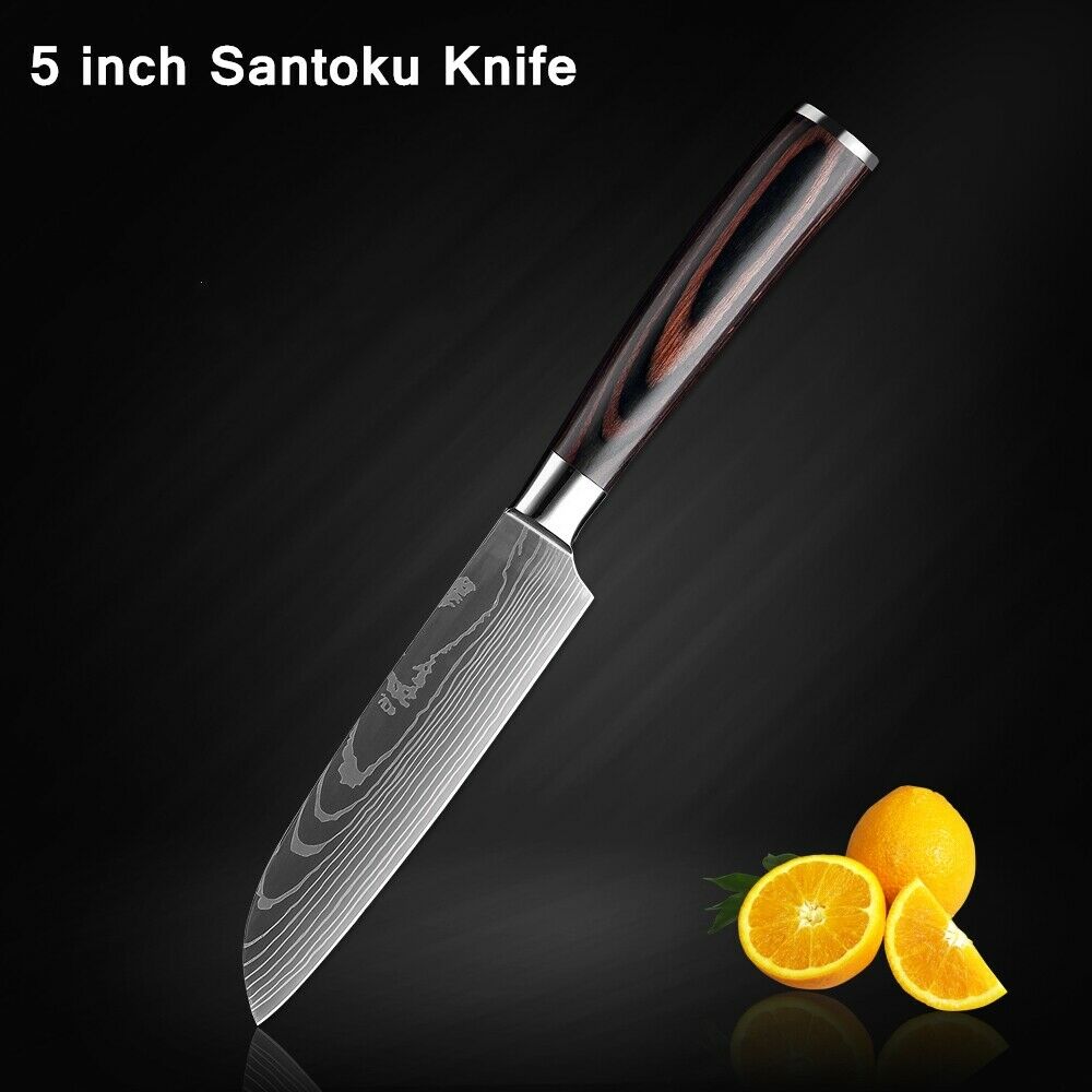 5 Piece Kitchen Knives Set Japanese Damascus Pattern Stainless Steel Chef Knife - Fresh Stock Dated October 2025