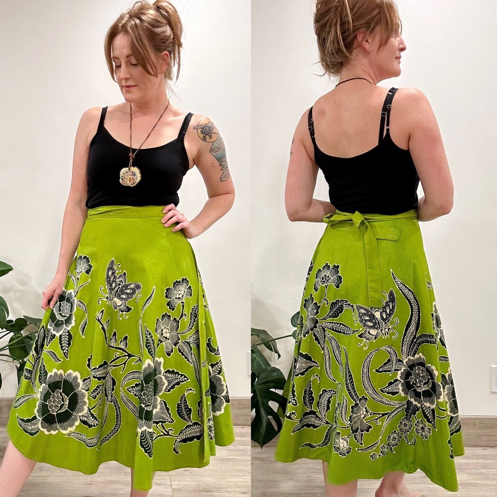 VTG 60S 70S GENUINE BATIK GREEN COTTON WRAP SKIRT BUTTERFLIES FLORALS OS XS-L - Fresh Stock Dated October 2025