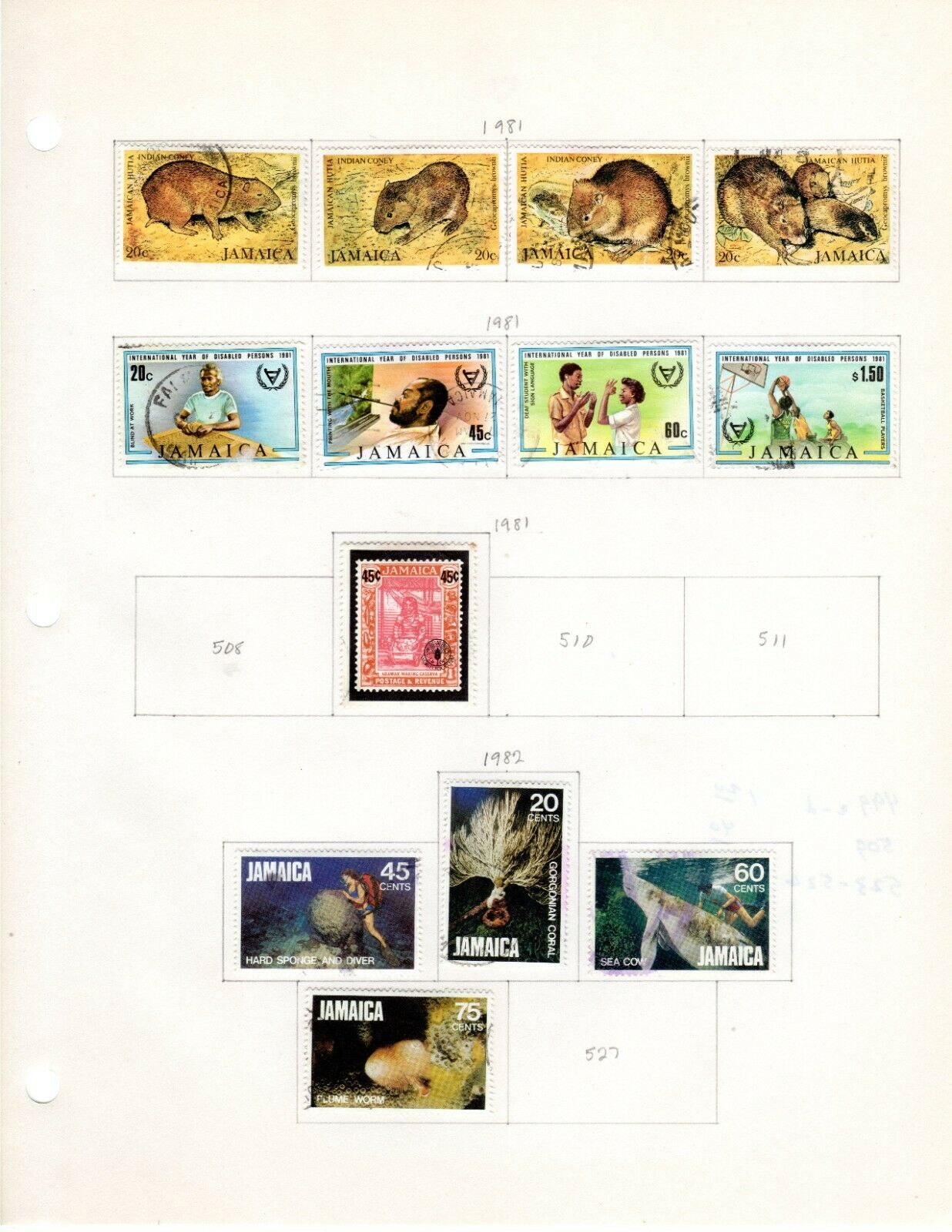Jamaica Scott 484//526 Used on 2 Album Pages Issued 1980-1982 - Fresh Stock Dated October 2025