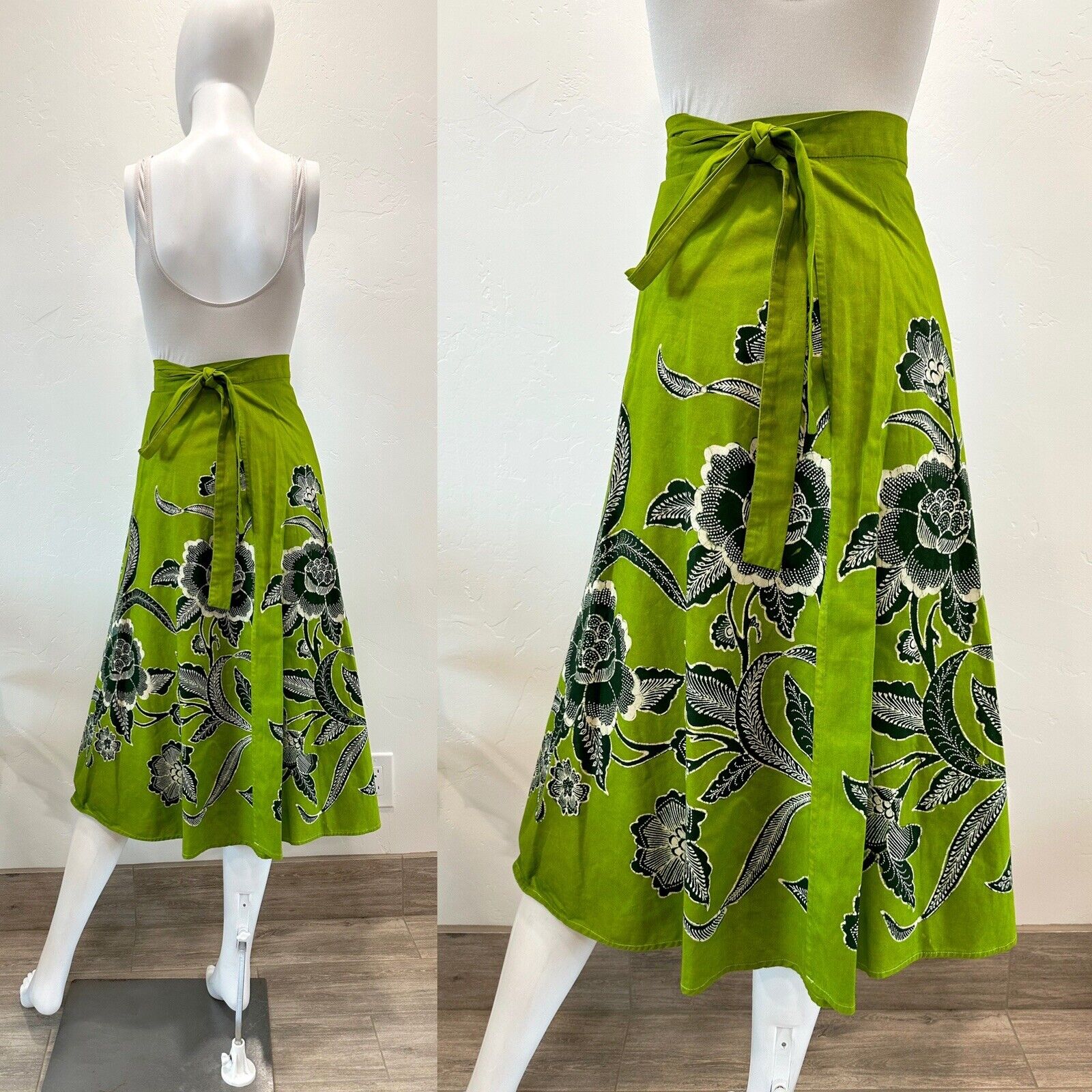 VTG 60S 70S GENUINE BATIK GREEN COTTON WRAP SKIRT BUTTERFLIES FLORALS OS XS-L - Fresh Stock Dated October 2025