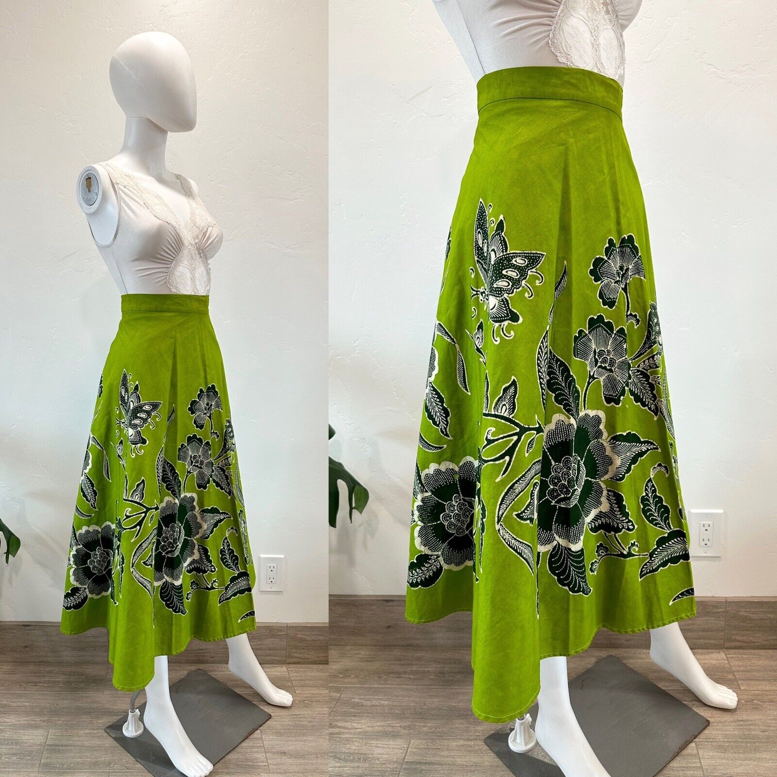 VTG 60S 70S GENUINE BATIK GREEN COTTON WRAP SKIRT BUTTERFLIES FLORALS OS XS-L - Fresh Stock Dated October 2025