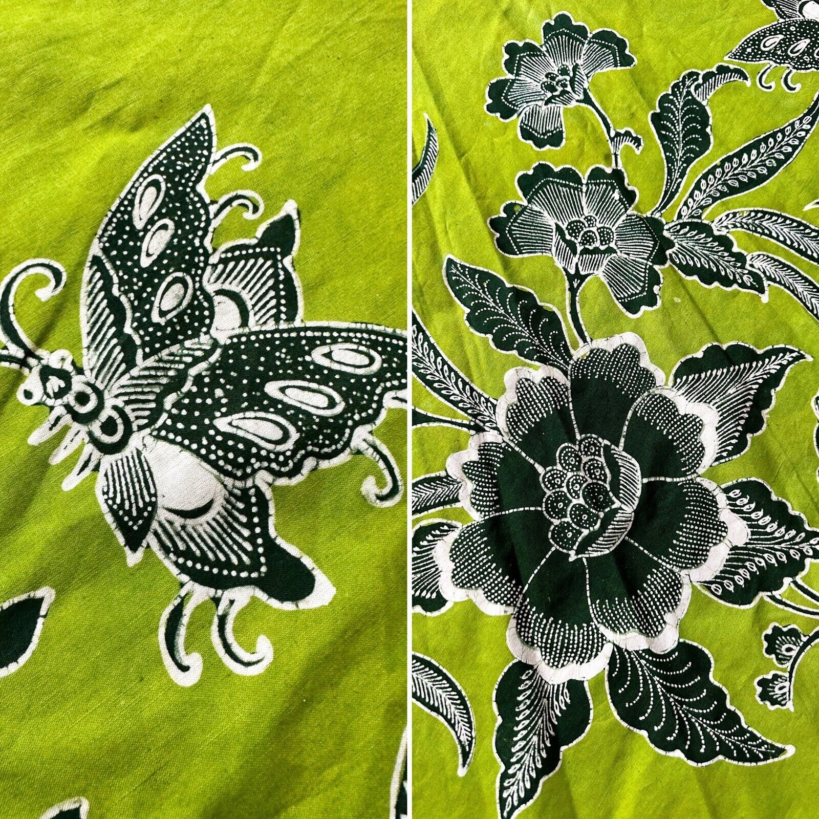 VTG 60S 70S GENUINE BATIK GREEN COTTON WRAP SKIRT BUTTERFLIES FLORALS OS XS-L - Fresh Stock Dated October 2025