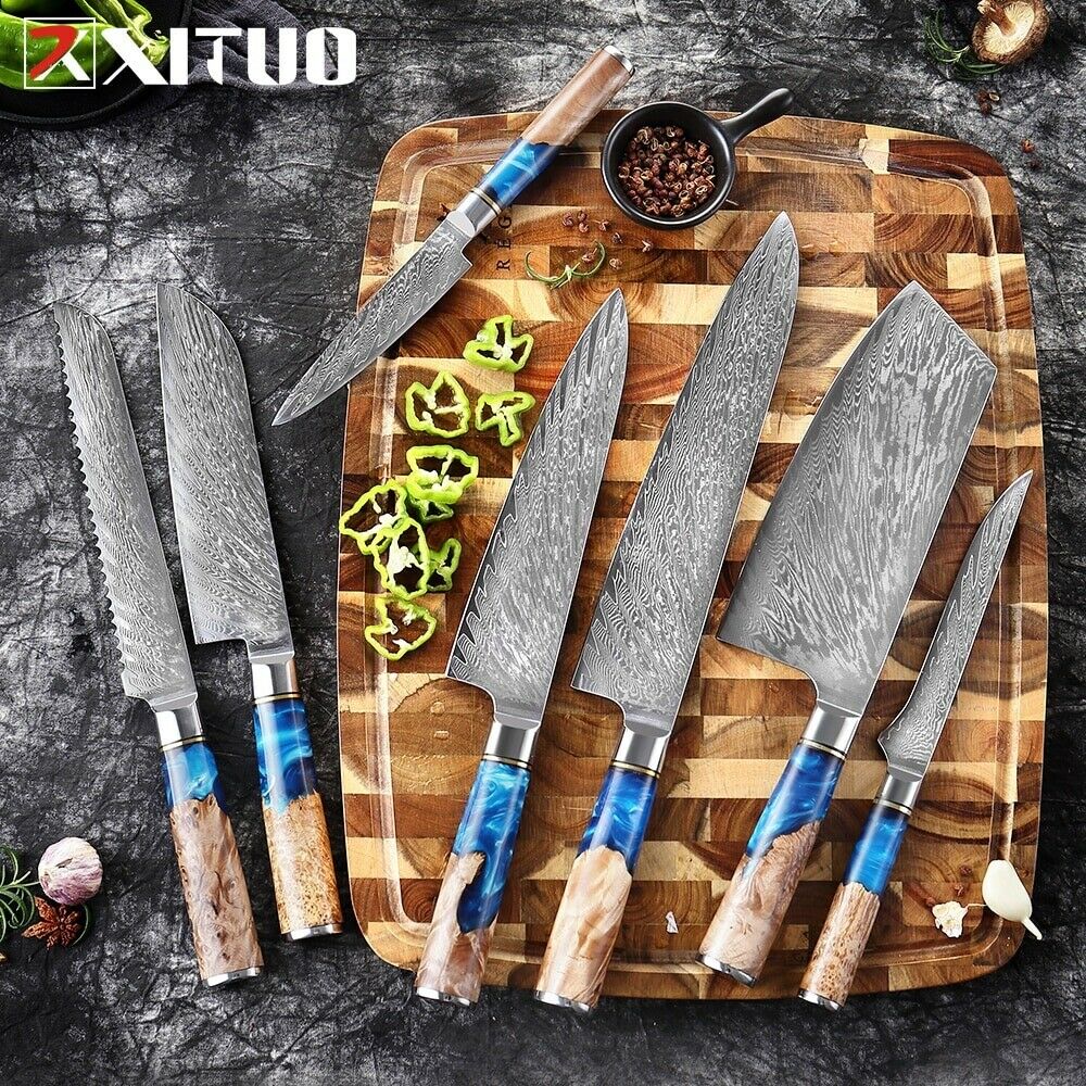 Kitchen Knives Damascus Steel VG10 Chef Knife Blue Resin Wood Hand Cooking Tool - Fresh Stock Dated October 2025