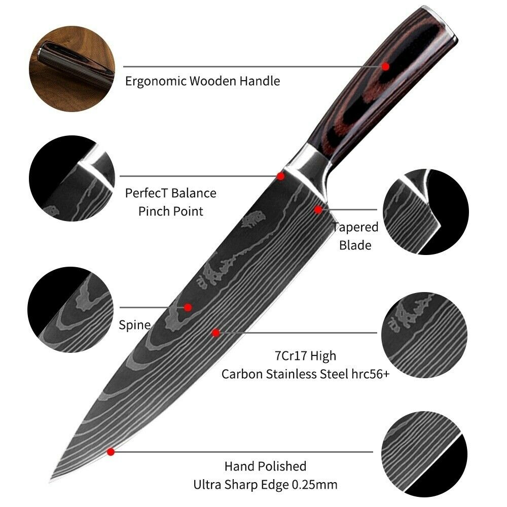 5 Piece Kitchen Knives Set Stainless Japanese Damascus Pattern Steel Chef Knife - Fresh Stock Dated October 2025