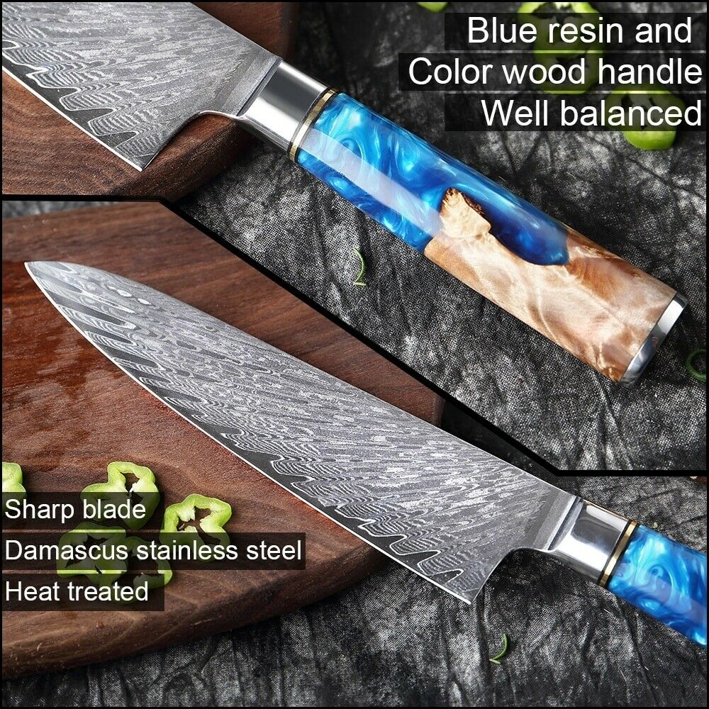 Kitchen Knives Damascus Steel VG10 Chef Knife Blue Resin Wood Hand Cooking Tool - Fresh Stock Dated October 2025
