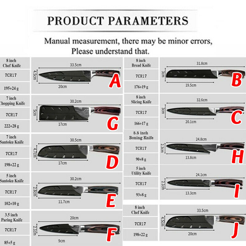 10 Pcs Japanese Kitchen Knives Set Damascus Pattern Stainless Steel Chef’s Knife - Fresh Stock Dated October 2025