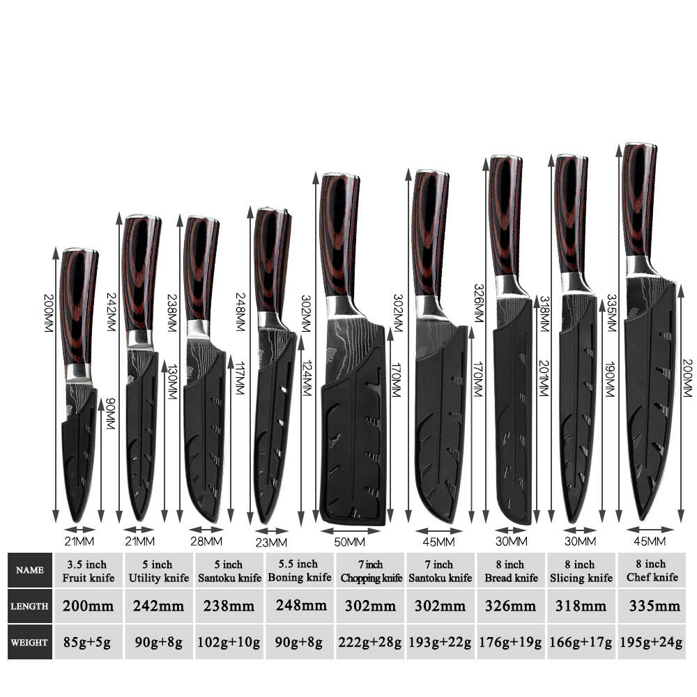 10 Pcs Japanese Kitchen Knives Set Damascus Pattern Stainless Steel Chef’s Knife - Fresh Stock Dated October 2025