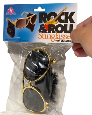 ELVIS SUNGLASSES With Sideburns Presley Rock & Roll Sun Glasses Costume Gold Gag - Fresh Stock Dated October 2025