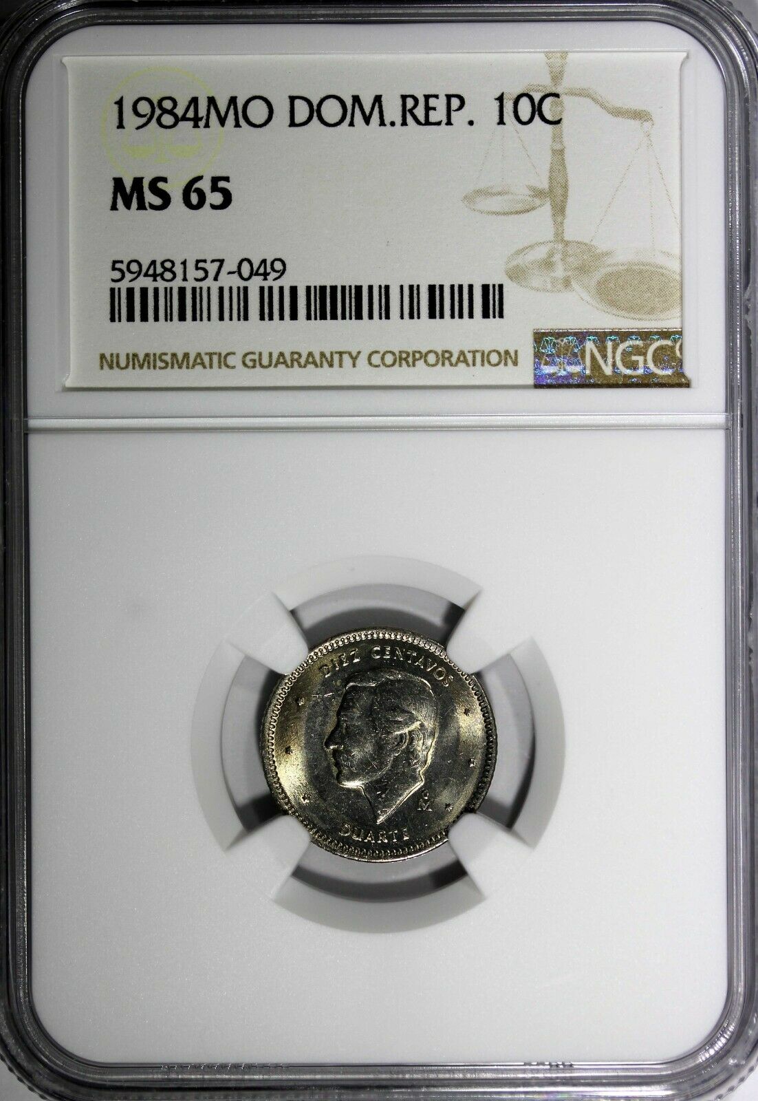 Dominican Republic Duarte 1984 MO 10 Centavos NGC MS65 Human Rights KM# 60 (49) - Fresh Stock Dated October 2025