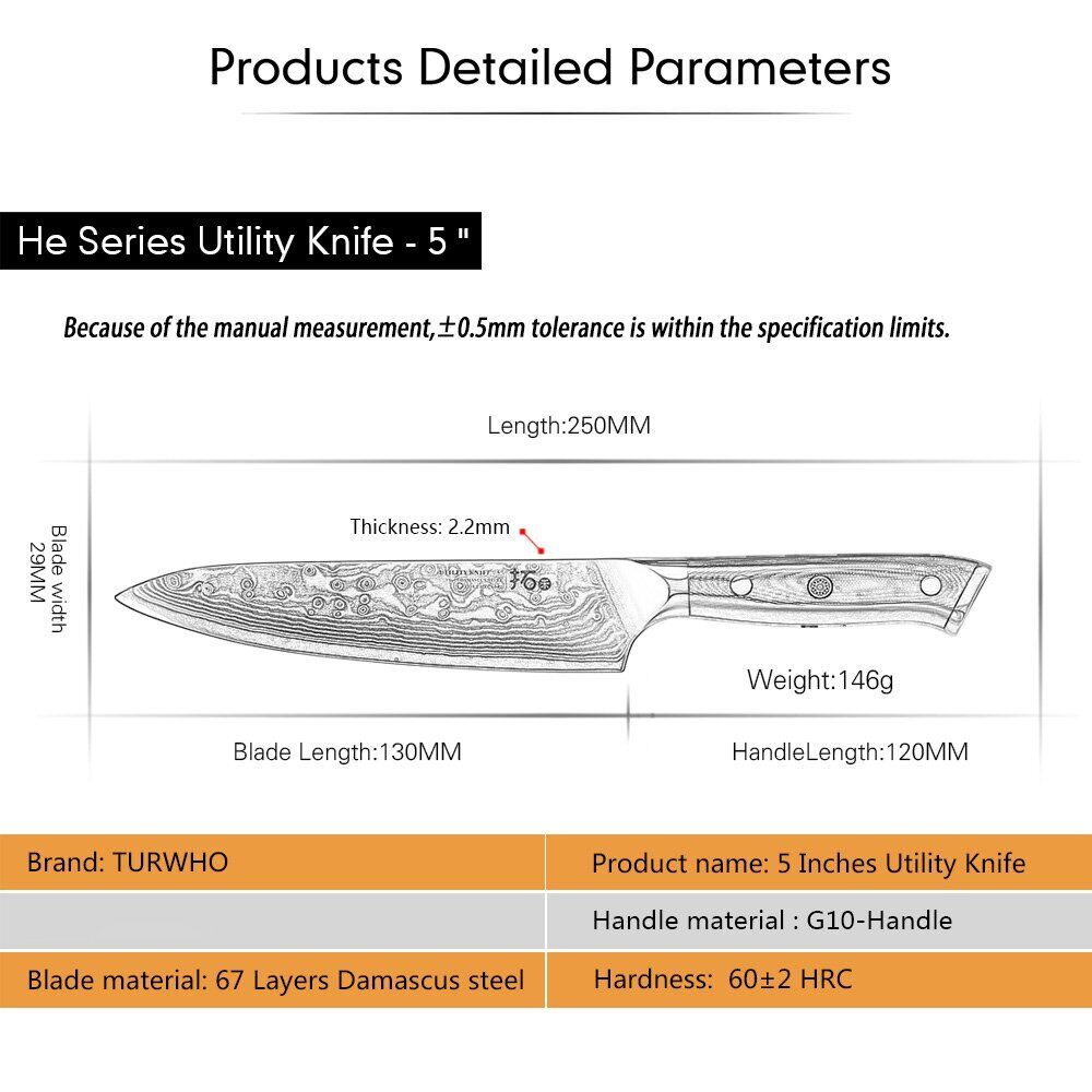 5Pcs TURWHO Paring Santoku Chef Knife Japanese VG10 Damascus Steel Kitchen Knife - Fresh Stock Dated October 2025