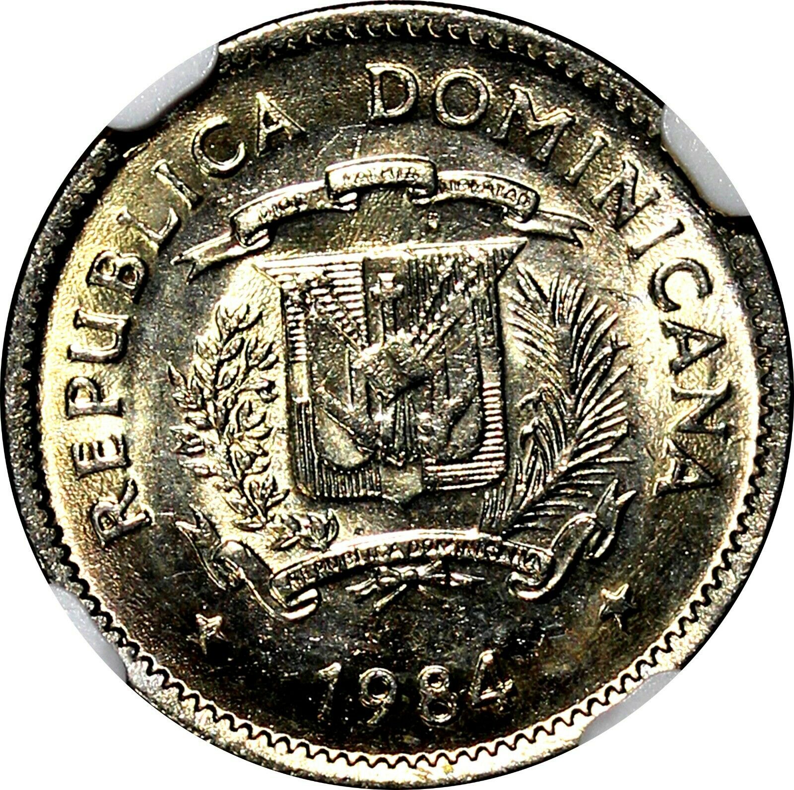 Dominican Republic Duarte 1984 MO 10 Centavos NGC MS65 Human Rights KM# 60 (49) - Fresh Stock Dated October 2025
