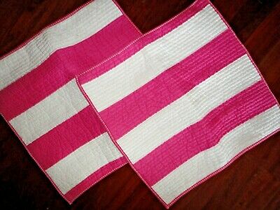 POTTERY BARN KIDS RUGBY STRIPE PINK WHITE QUILTED (2) EURO PILLOW SHAMS 26 X 26 - Fresh Stock Dated October 2025