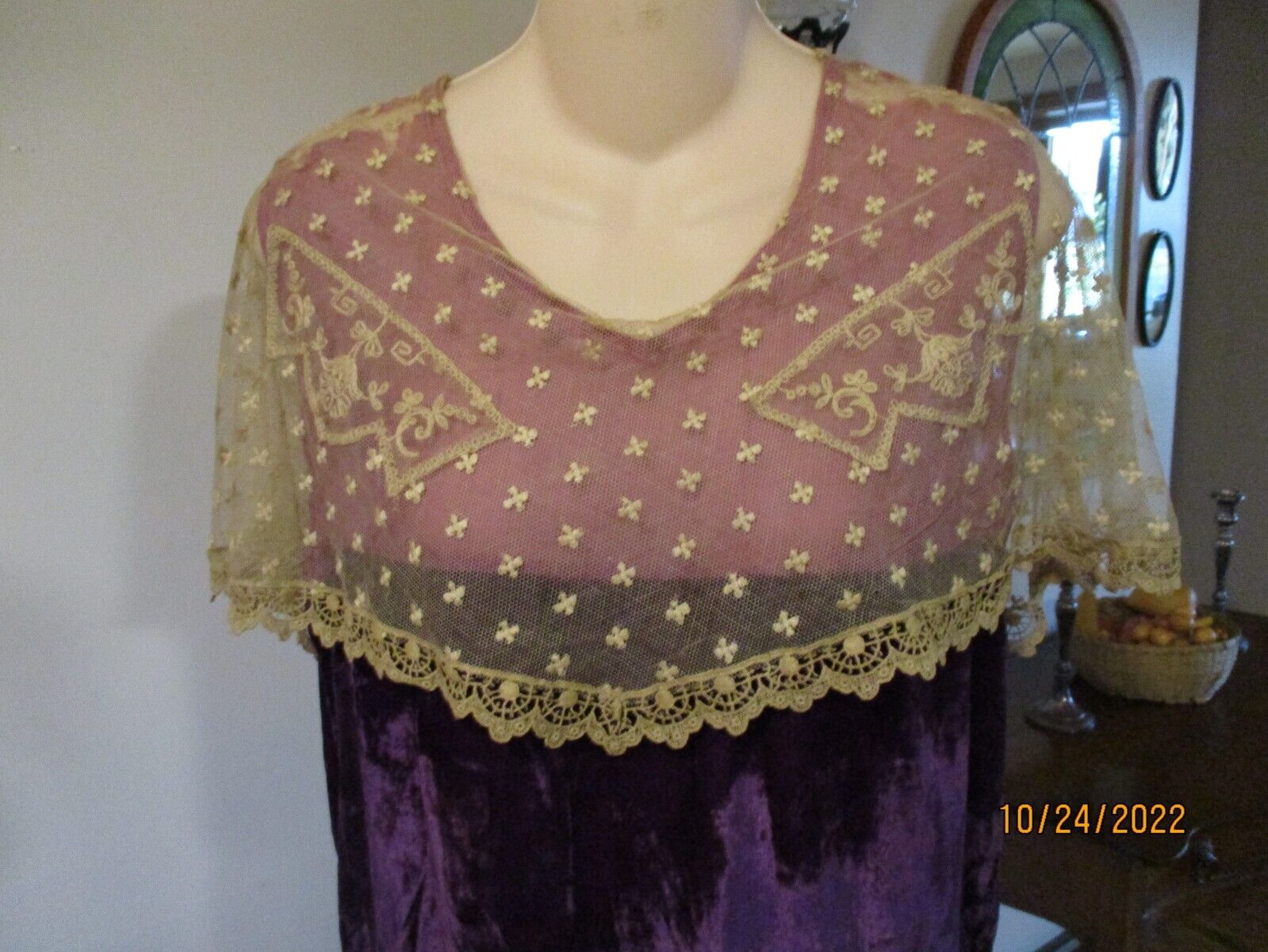 Fabulous 1920's purple velvet Flapper dress with large lace collar - Fresh Stock Dated October 2025